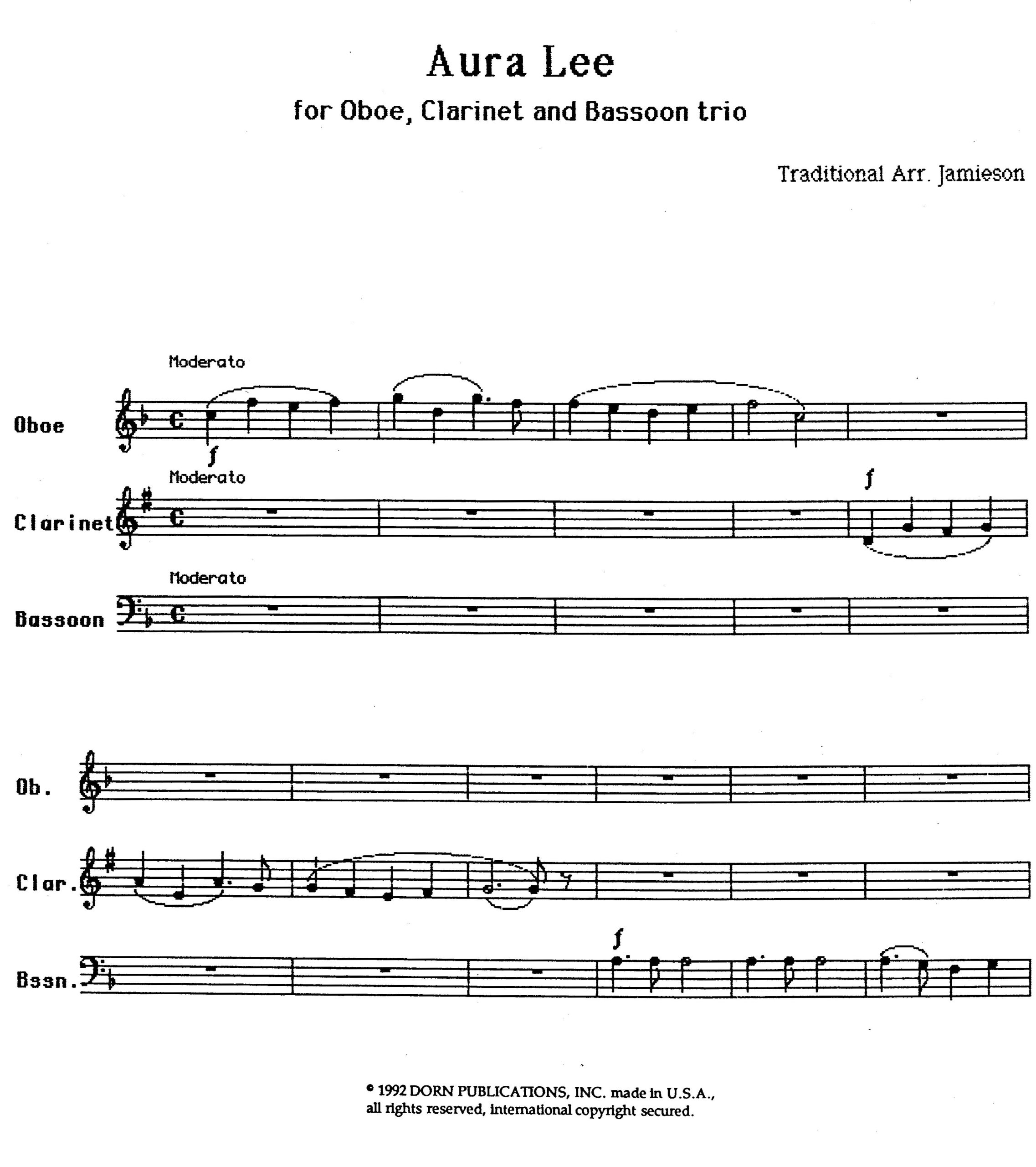 Aura Lee for Oboe, Clarinet and Bassoon Arranged by William Jamieson
