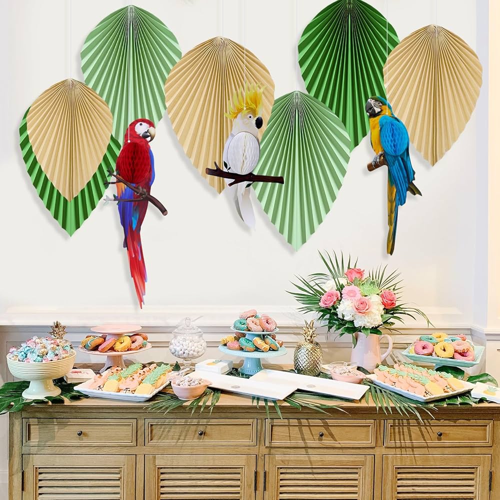 Décoration Perroquets Et Éventails Papier 10 Pièces - Thème Tropical, Jungle, Plage - Pour Fête, Anniversaire