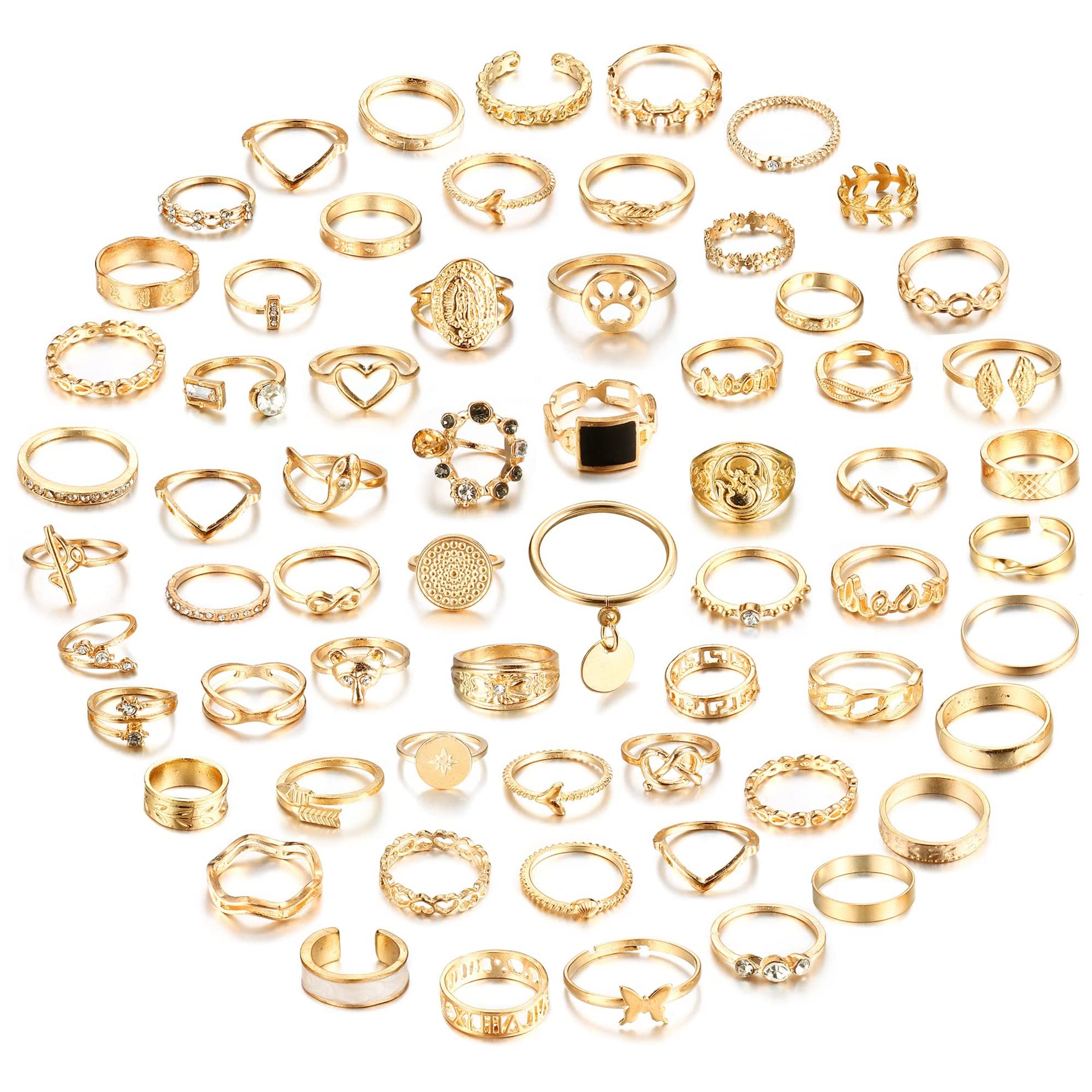 CASSIECA Juego de 64 Anillos de Nudillos de Oro Vintage, Anillos de Dedo Apilables de Serpiente de Mariposa Bohemia para Mujeres y Niñas, Paquete de Anillos Midi de Plata