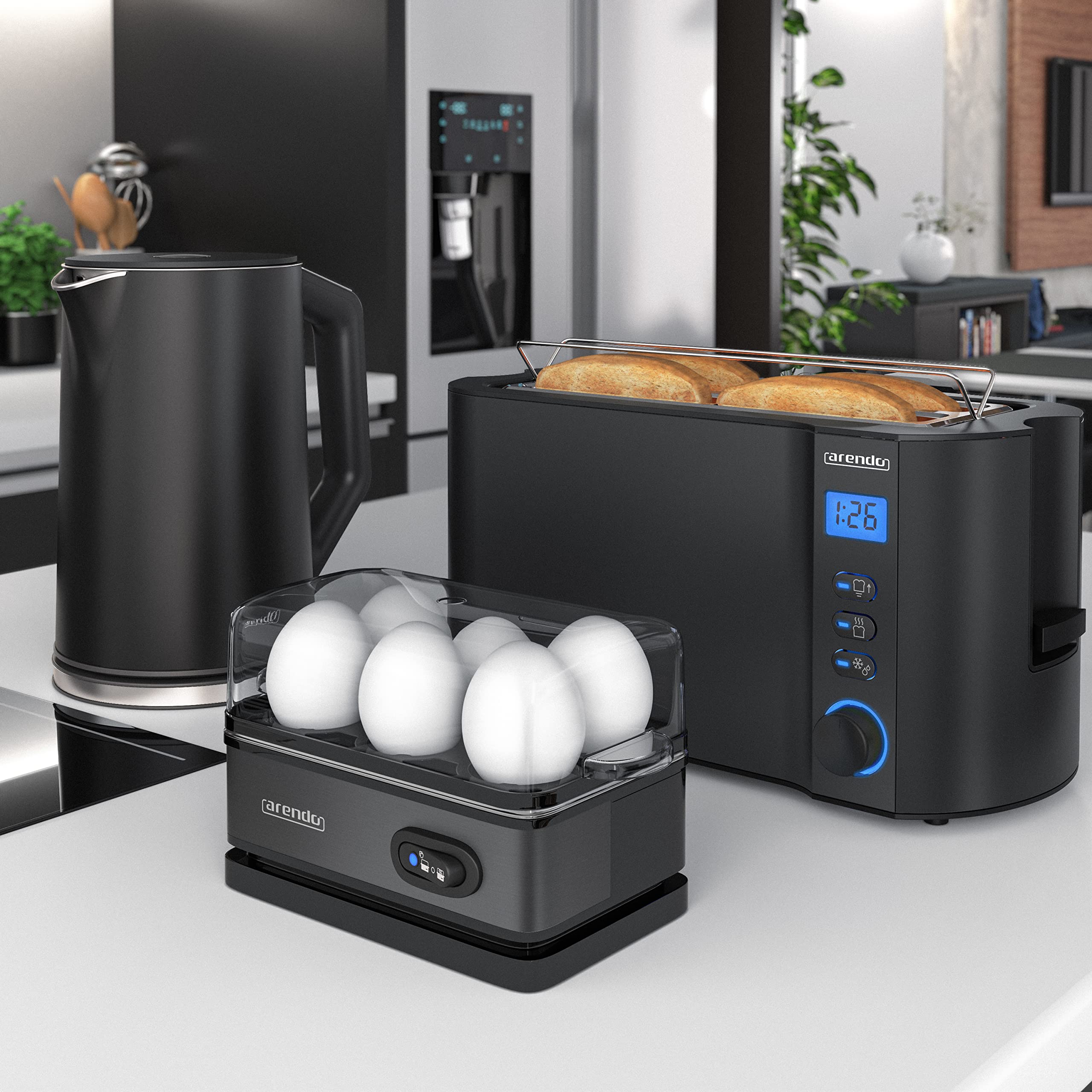 Arendo Wasserkocher Toaster Eierkocher Set Edelstahl Schwarz 1,5L 4 Scheiben LED-Display 6 Bräunungsgrade 1-6 Eier