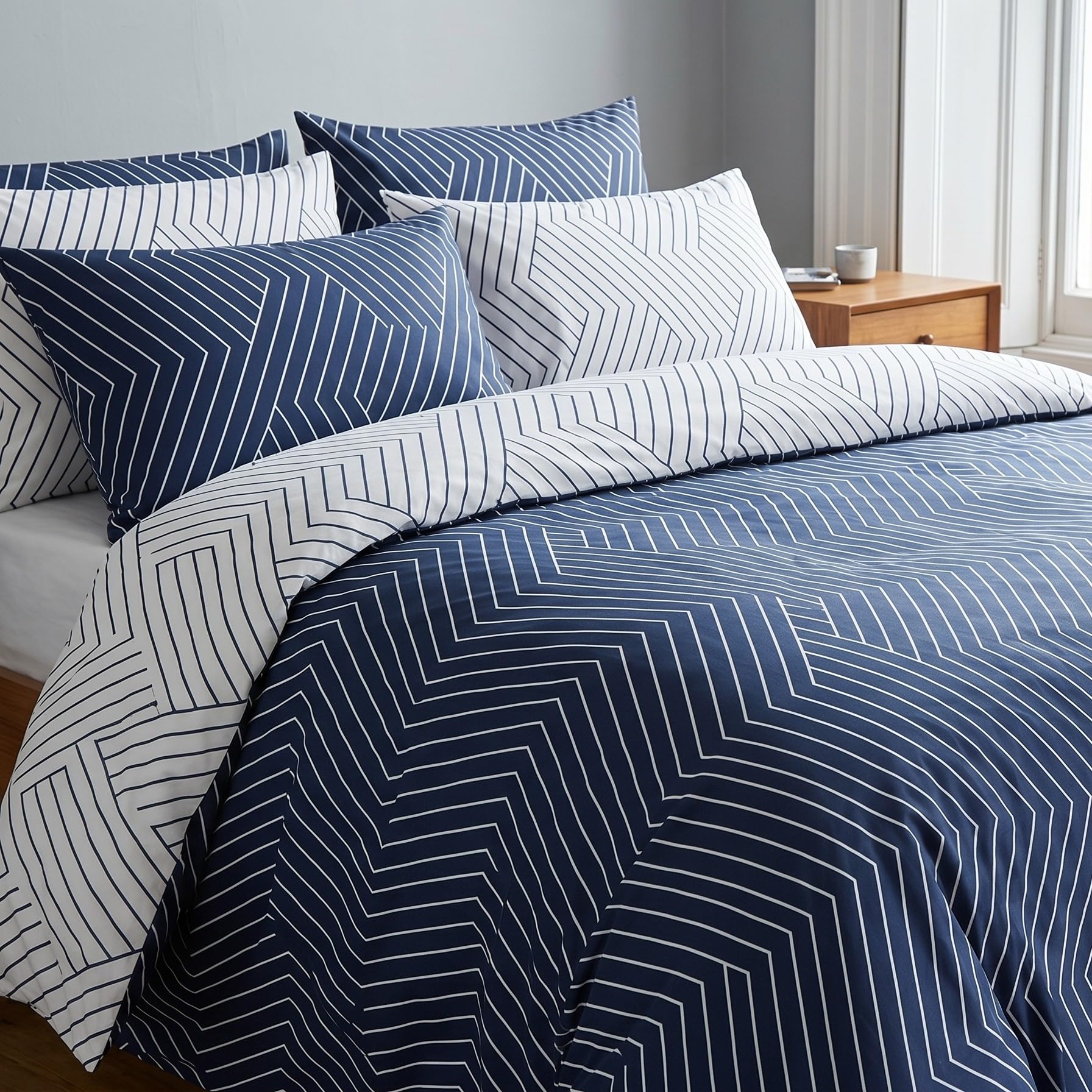 LERUUM King Size Duvet Cover Sets Cotton Navy Striped Bedding Reversible Blue White Kingsize Bedding Set (King-size Quilt Cover)
