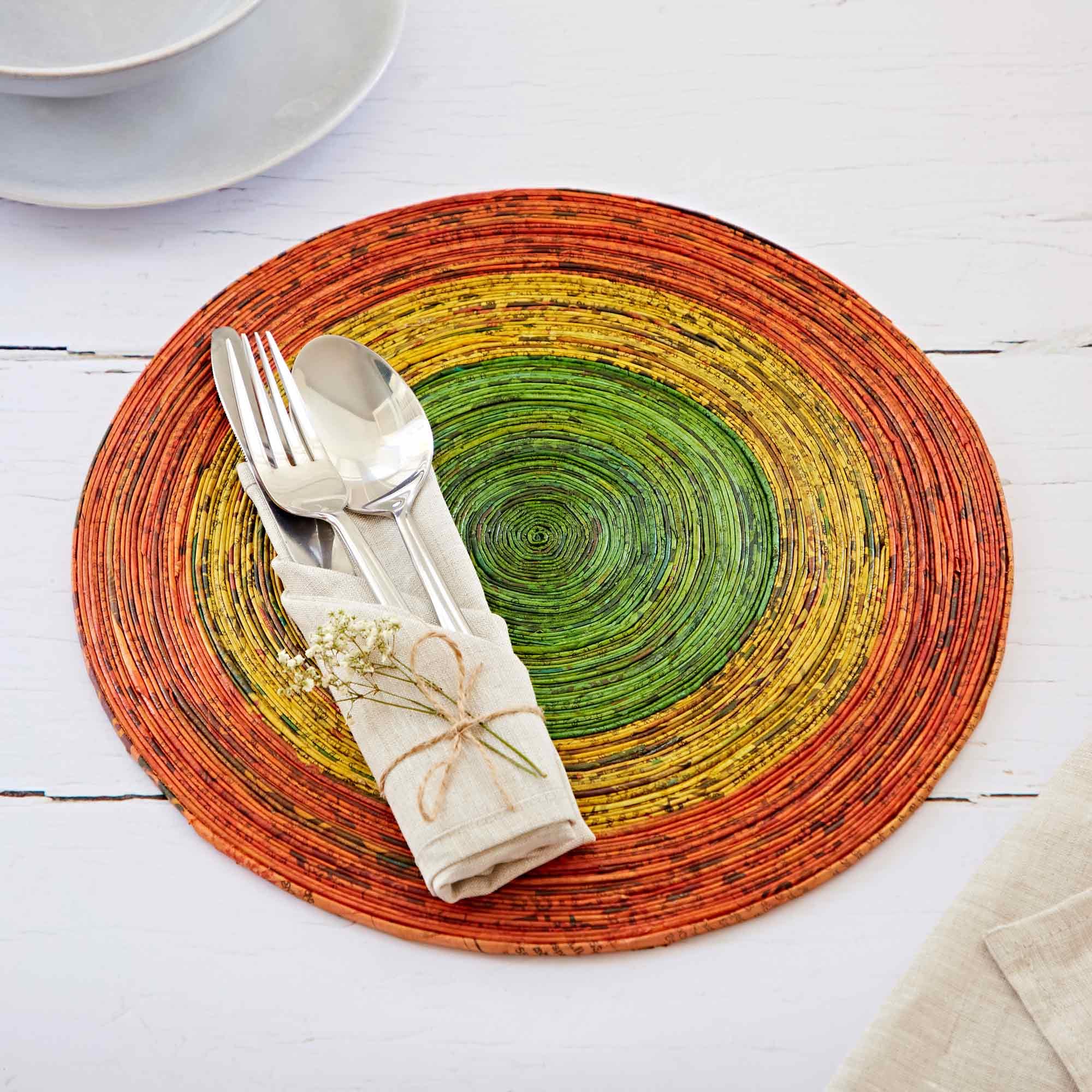 Paper High Men's Orange/Yellow/Green Recycled Newspaper Round Placemats - | Large | Sustainable | Handmade Colorful | Fair Trade Gifts For And Wo
