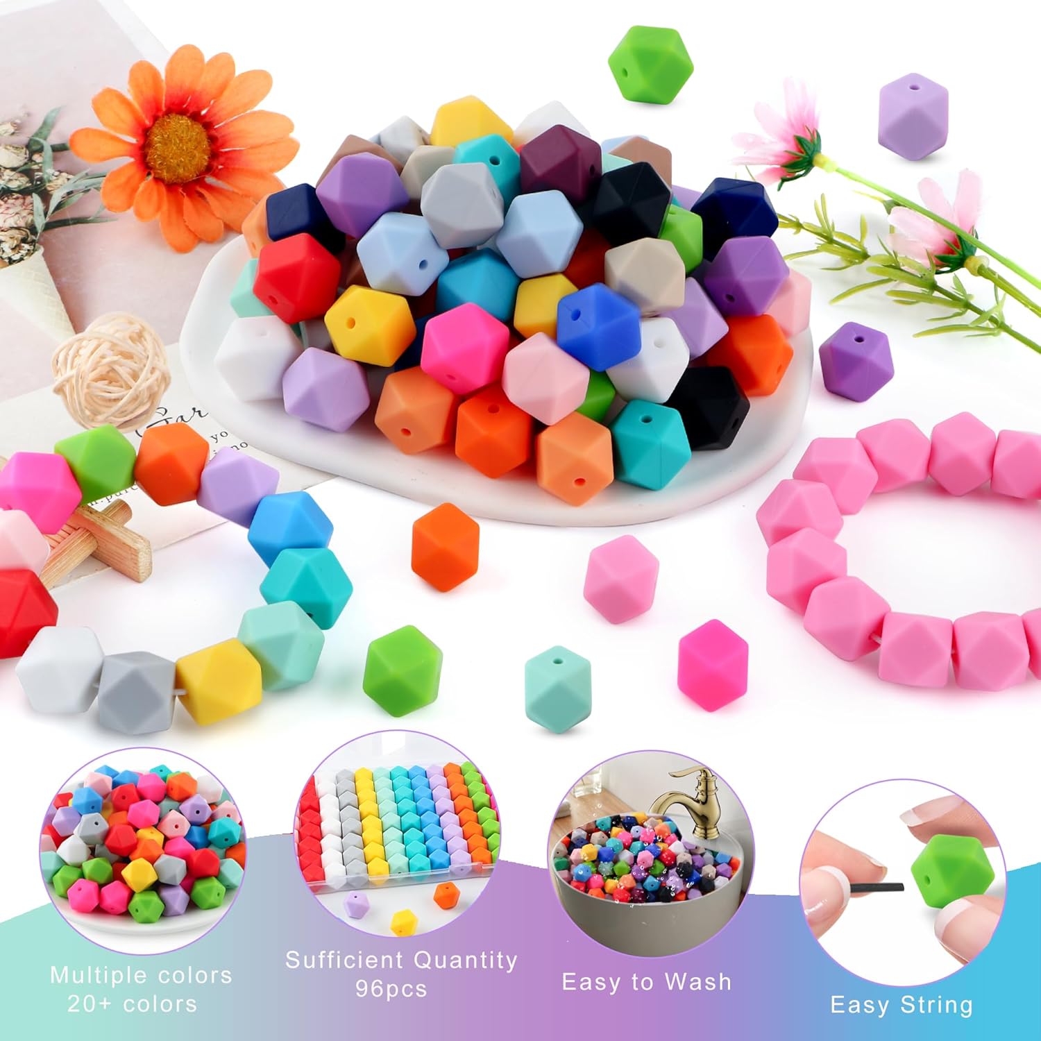96Pcs 14mm Hexagon Silicone Beads, Bulk Silicone Beads for Keychain Bracelet Necklace Making DIY Crafts(Multicolor Soft) - Image 3