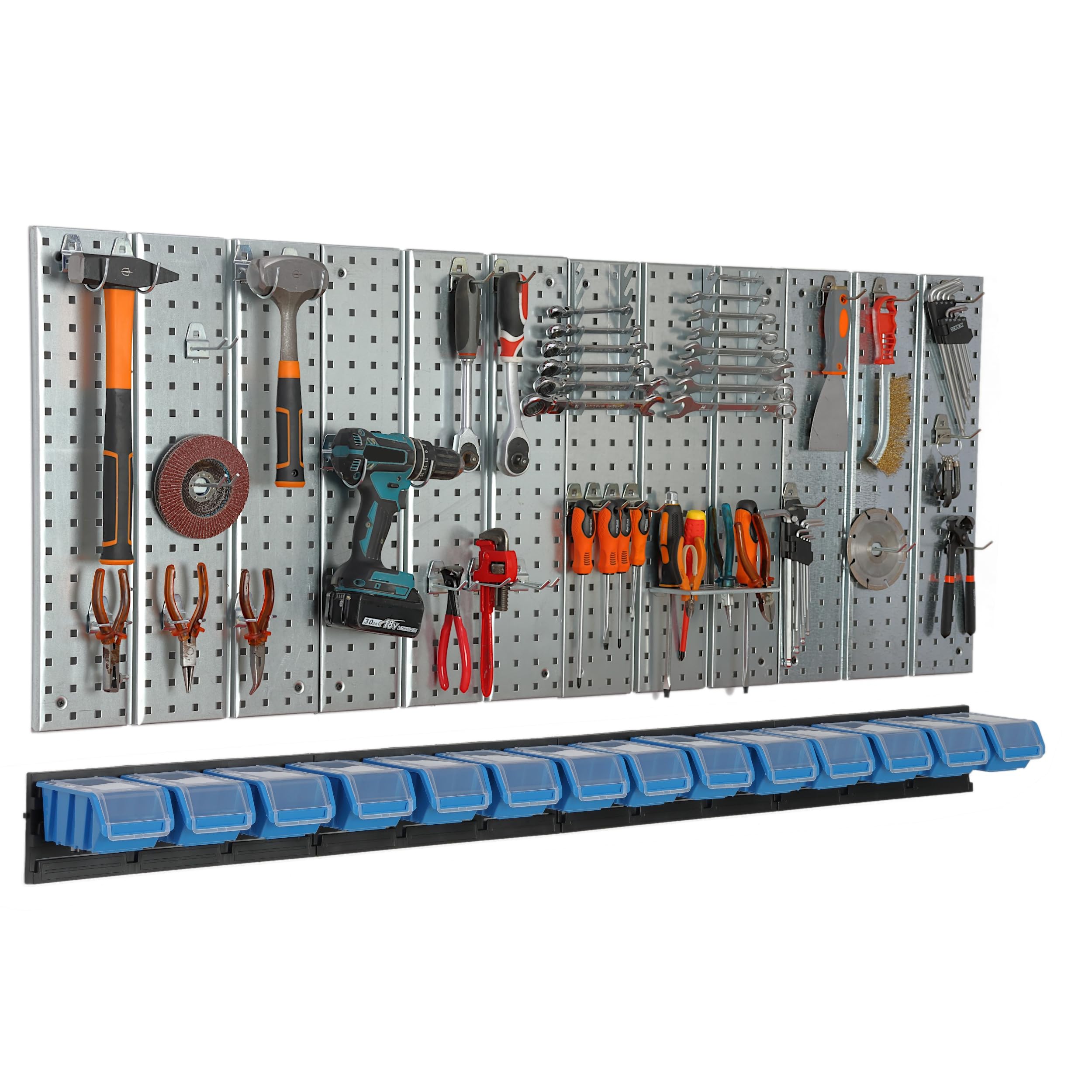 Panel de herramientas de metal 156 x 72 cm, sistema de almacenamiento con portaherramientas, ganchos para herramientas y 14 cajas apilables, 100 x 150 x 70 mm, color: azul, tablero perforado para