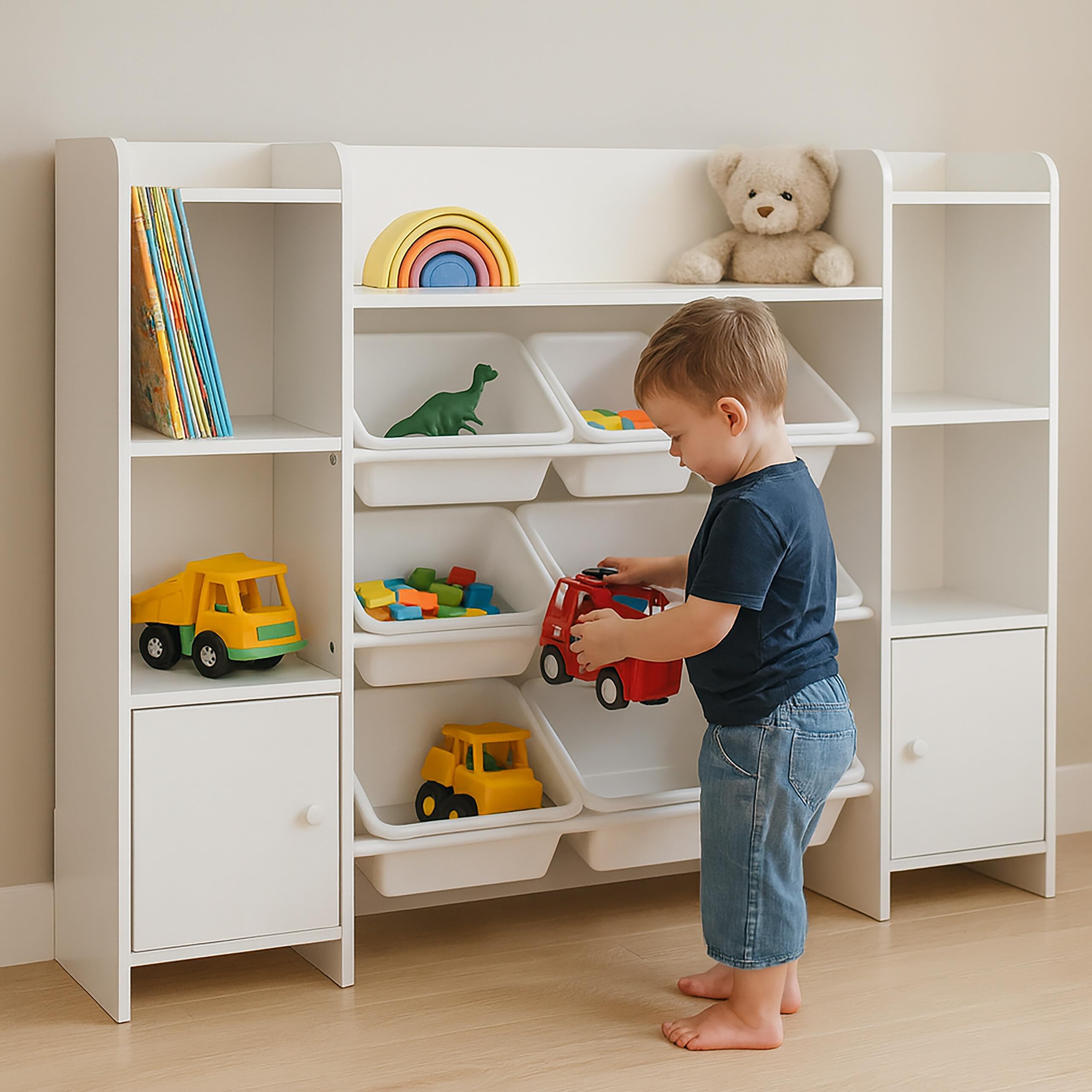 Relaxdays Scaffale per Bambini Grande, 8 scatole, 14 Scomparti, HxLxP: 94x139x30 cm, Giocattoli