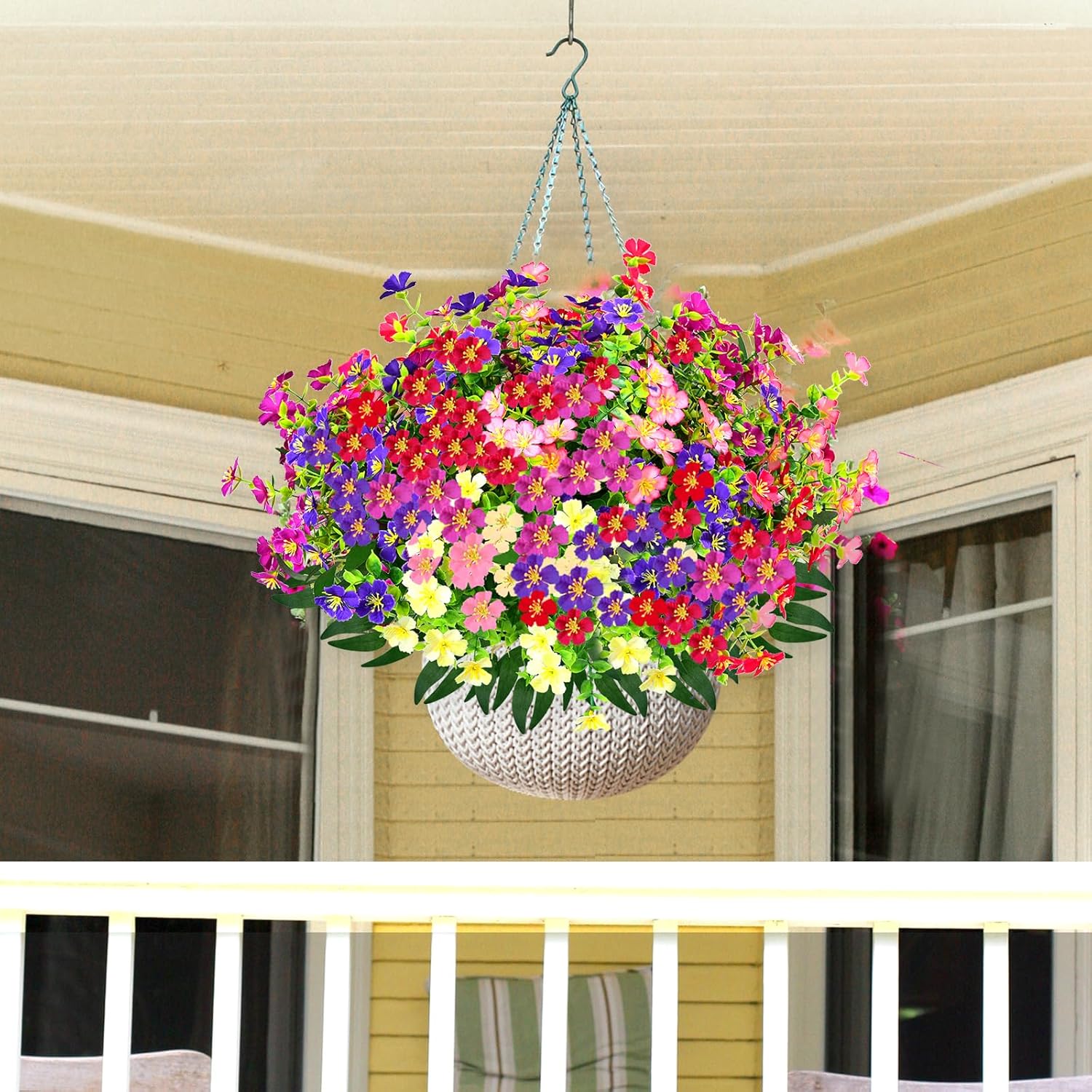 Artificial Faux Plants Flowers Outdoor Decoration,16 Bundles Fake Silk Colorful Daisy Eucalyptus Realistic UV Resistant for Outside Home Planter Porch Patio Yard Decor (red, white, pink,purple, green) - Image 6