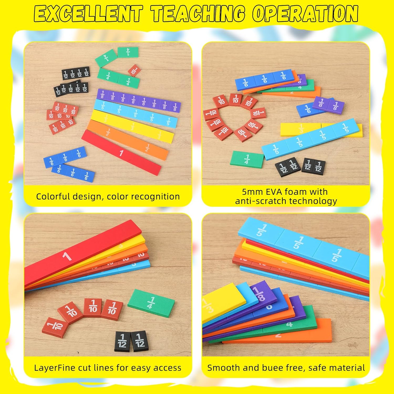 Sayglossy 6 Sets Fraction Tiles Sets for Math Fraction Manipulatives Montessori Math Materials EVA Foam Algebra Tiles Games for Classroom Teaching Aids, Homeschool Supplies