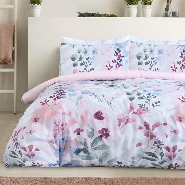 Sleepdown Botanical Leaves Floral Blush Pink Blue Reversible Duvet Cover Quilt Pillow Cases Bedding Set Soft Easy Care - Super King (220cm x 260cm)