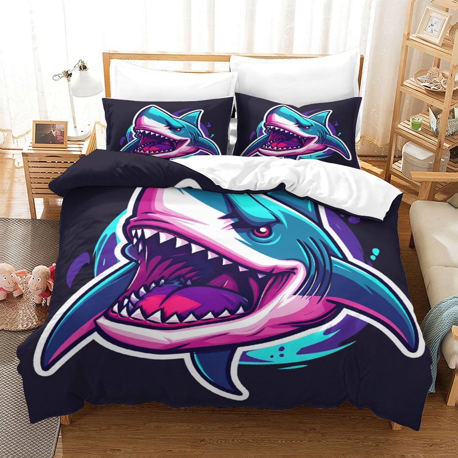 Housse de couette requin imprimé 3D super douce et respirante en microfibre de lit simple