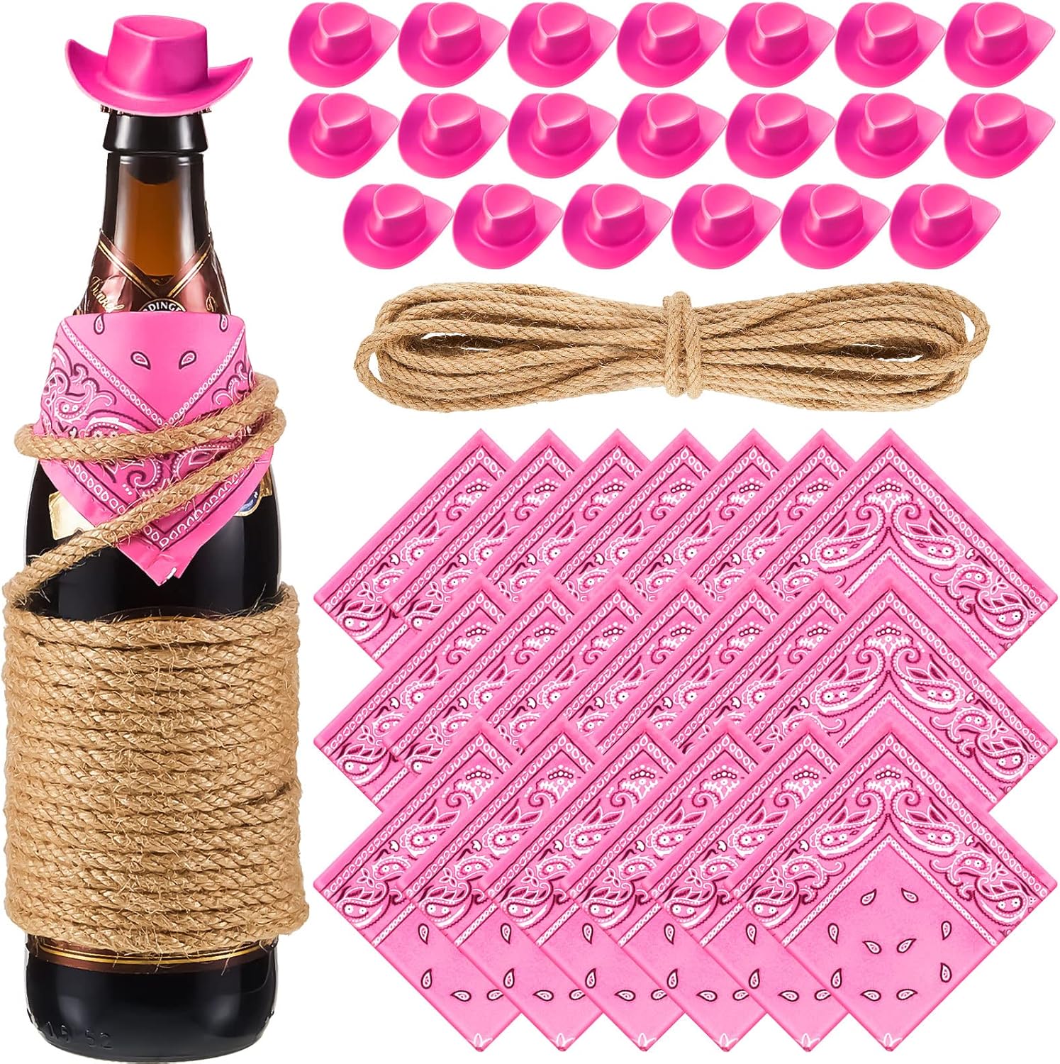 Leitee 20 Pack Mini Cowboy Hats for Crafts Plastic Tiny Cowgirl Hat with Pink Bandannas for Western Cowboy Party Decoration