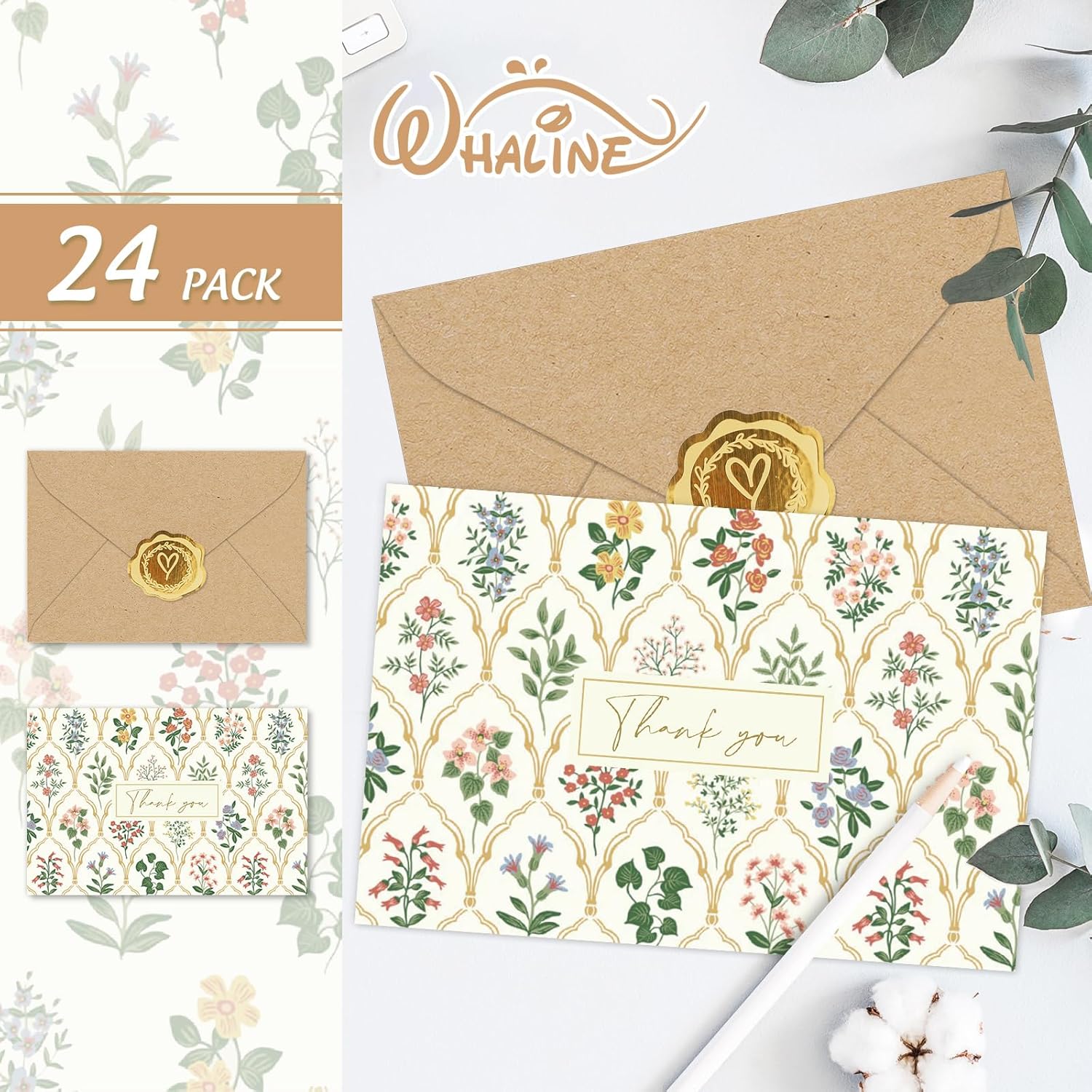 Whaline 24 Pack Vintage Floral Thank You Cards with Envelope Sticker Spring Wildflower Greeting Card Retro Blank Note Card for Baby Shower Wedding Party Supplies, 4 x 6 Inch - Image 3