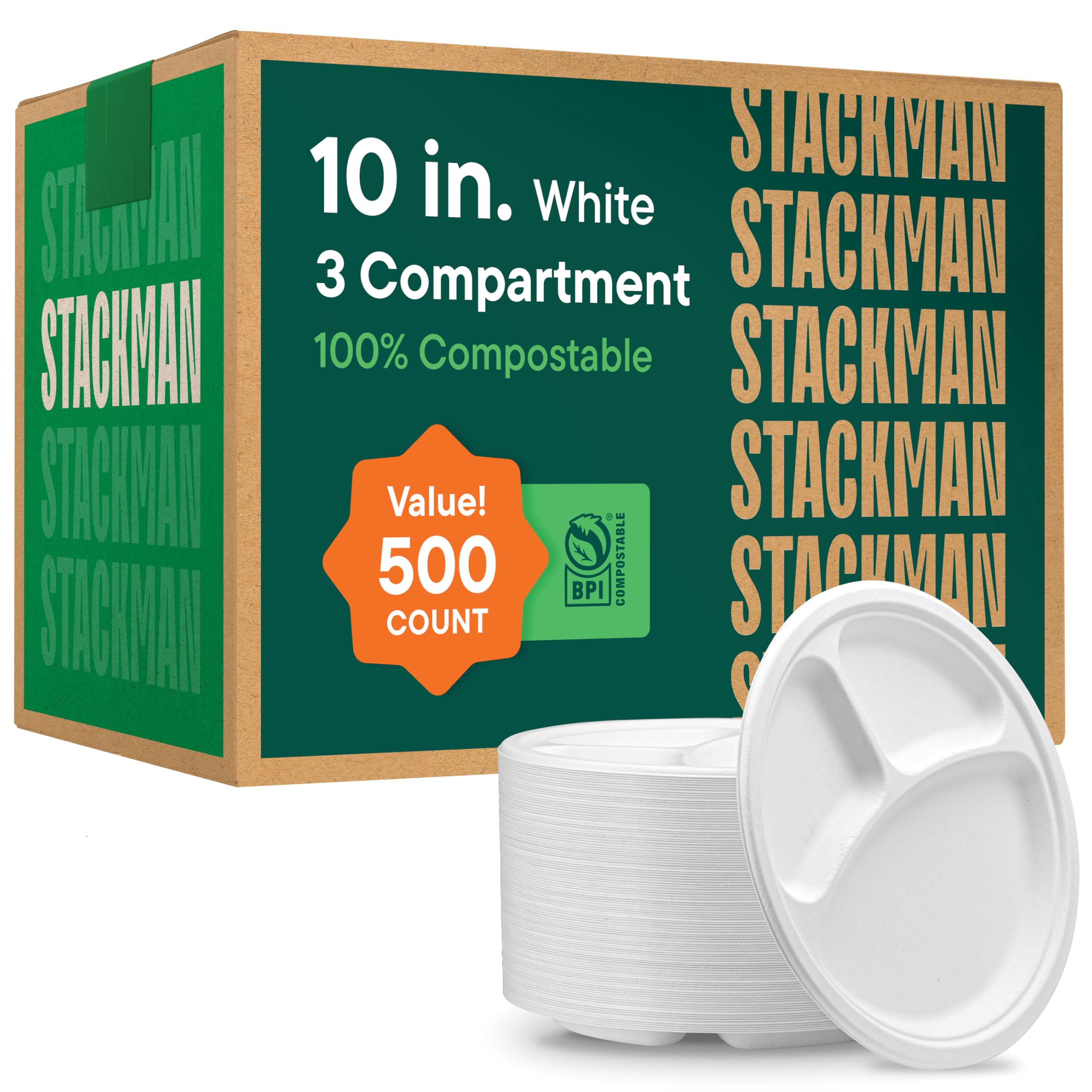 100% Compostable Paper Plates 10 Inch Bulk [500 Count] Heavy-Duty Dinner Plates with Compartments - Natural White Color Bagasse - Eco-Friendly