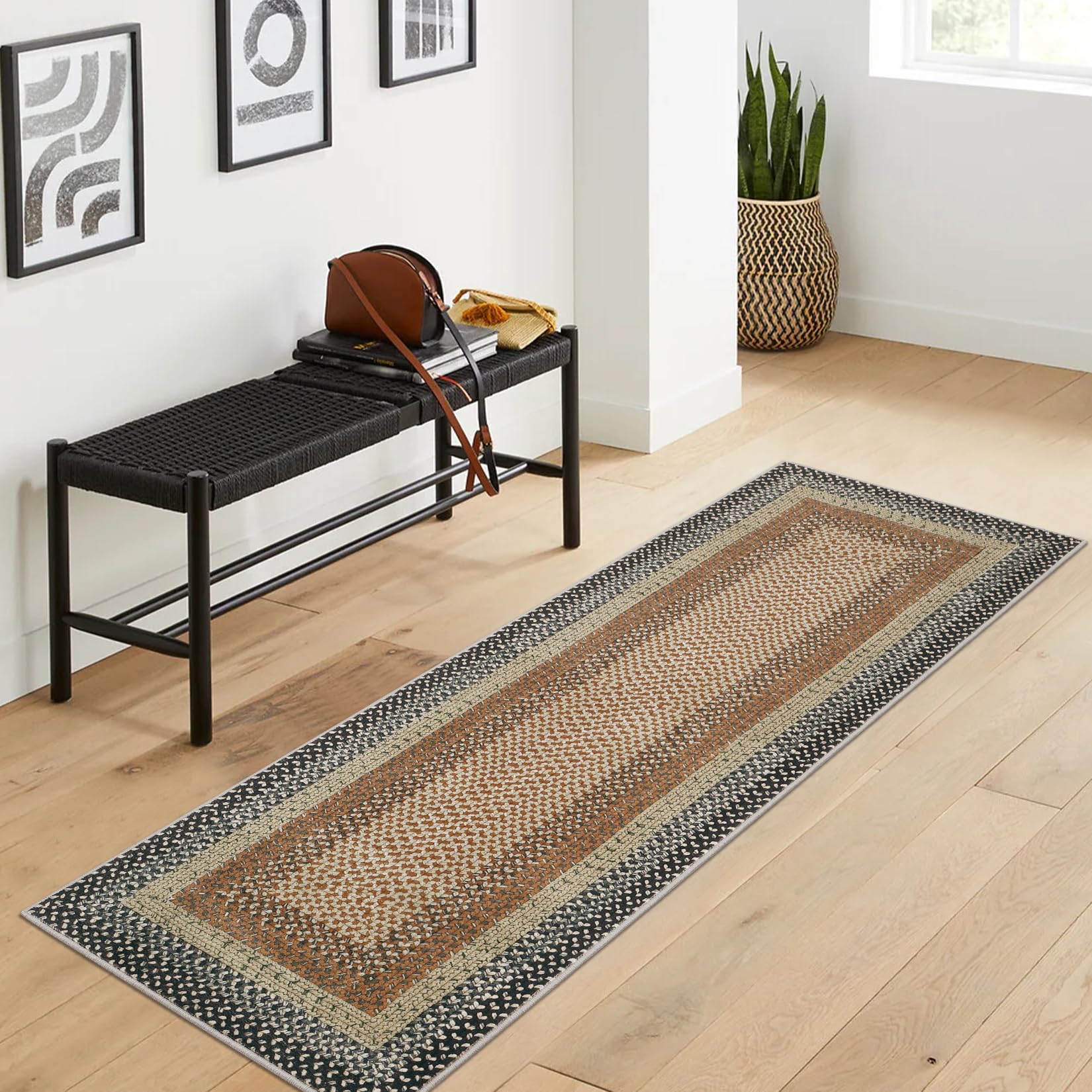 RUGSREAL Hallway Runner Rug 2x6 Braided Rug Machine Washable Kitchen Mat Farmhouse Runner Carpet Non Slip Stain Resistant Rustic Runner Modern Printed