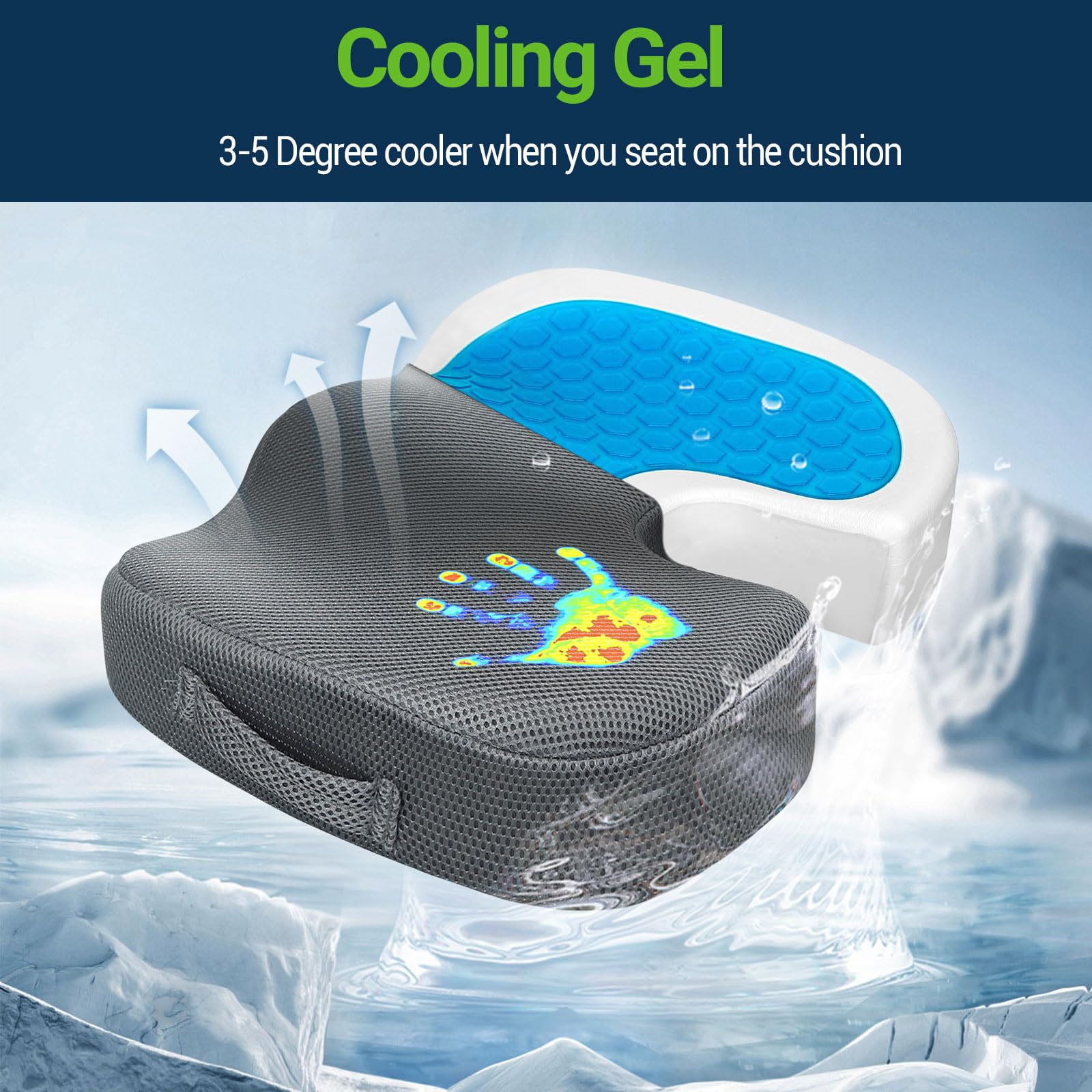 Season Guard Cojín de gel para asiento de oficina, cojín de espuma viscoelástica de gel antideslizante, para el dolor de coxis, para silla de escritorio, asiento de coche, alivio del dolor de espalda
