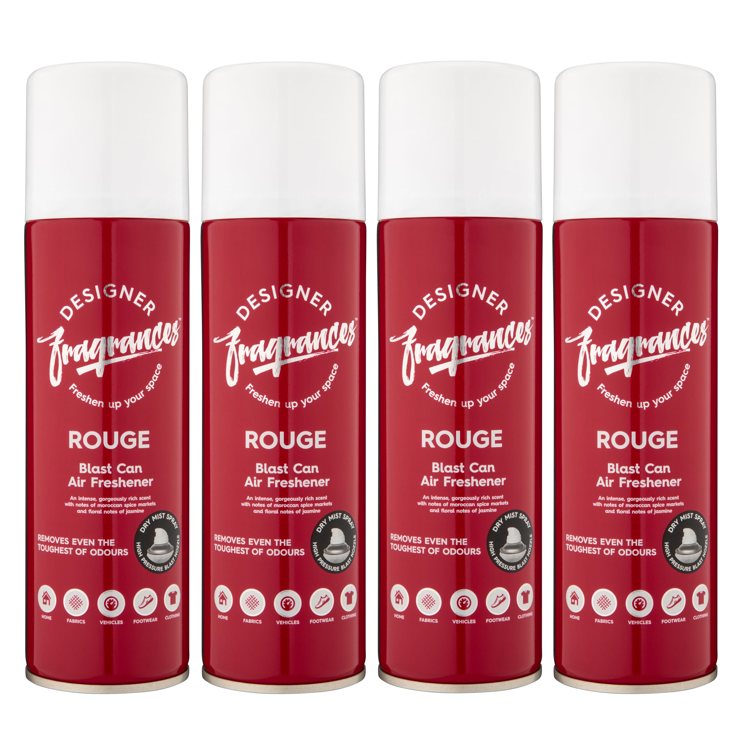 Designer Fragrances 4 Pack Rouge Air Freshener Blast Cans - For Home & Vehicles – Natural Oils, Luxury Lasting Smell, Dry Mist Quick Release Spray – Deodorise & Neutralise Odours – 300ml