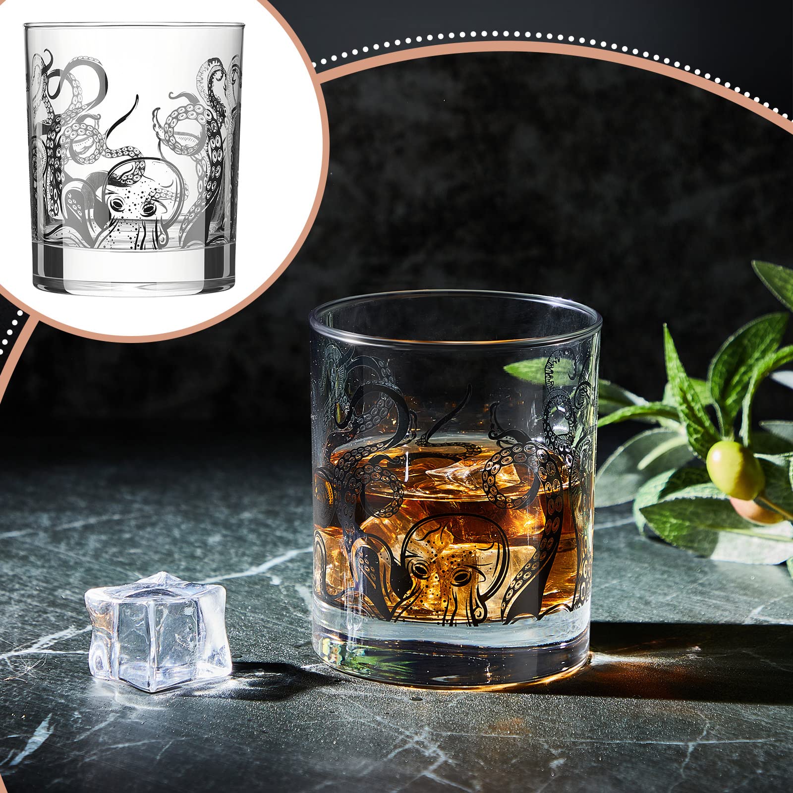 4 Stück Octopus Tentakel Whiskey Gläser 284 ml - Rock Gläser Kraken Geschenke Altmodische Tasse - Klare Strand Weingläser für Trinken Shot Rum Cocktail Bier Bar Dekor Tumbler Cup Glaswaren