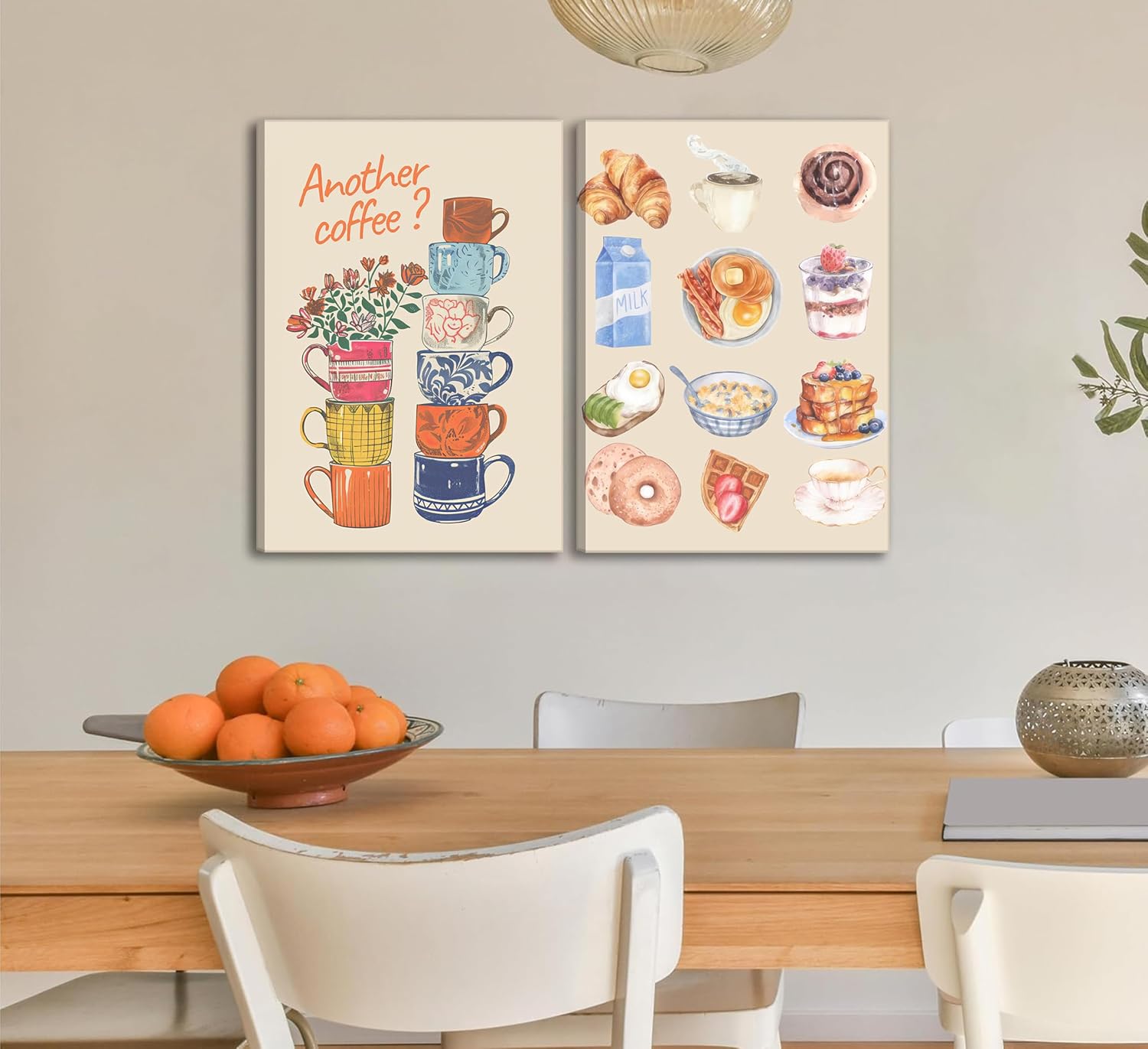 Modern Coffee Kitchen Canvas Wall Art Colorful Breakfast Food Croissant Painting Picture Wall Decor Trendy Coffee Cups with Flower Poster Print Artwork for Dining Room Bedroom Dorm Decorate, Framed