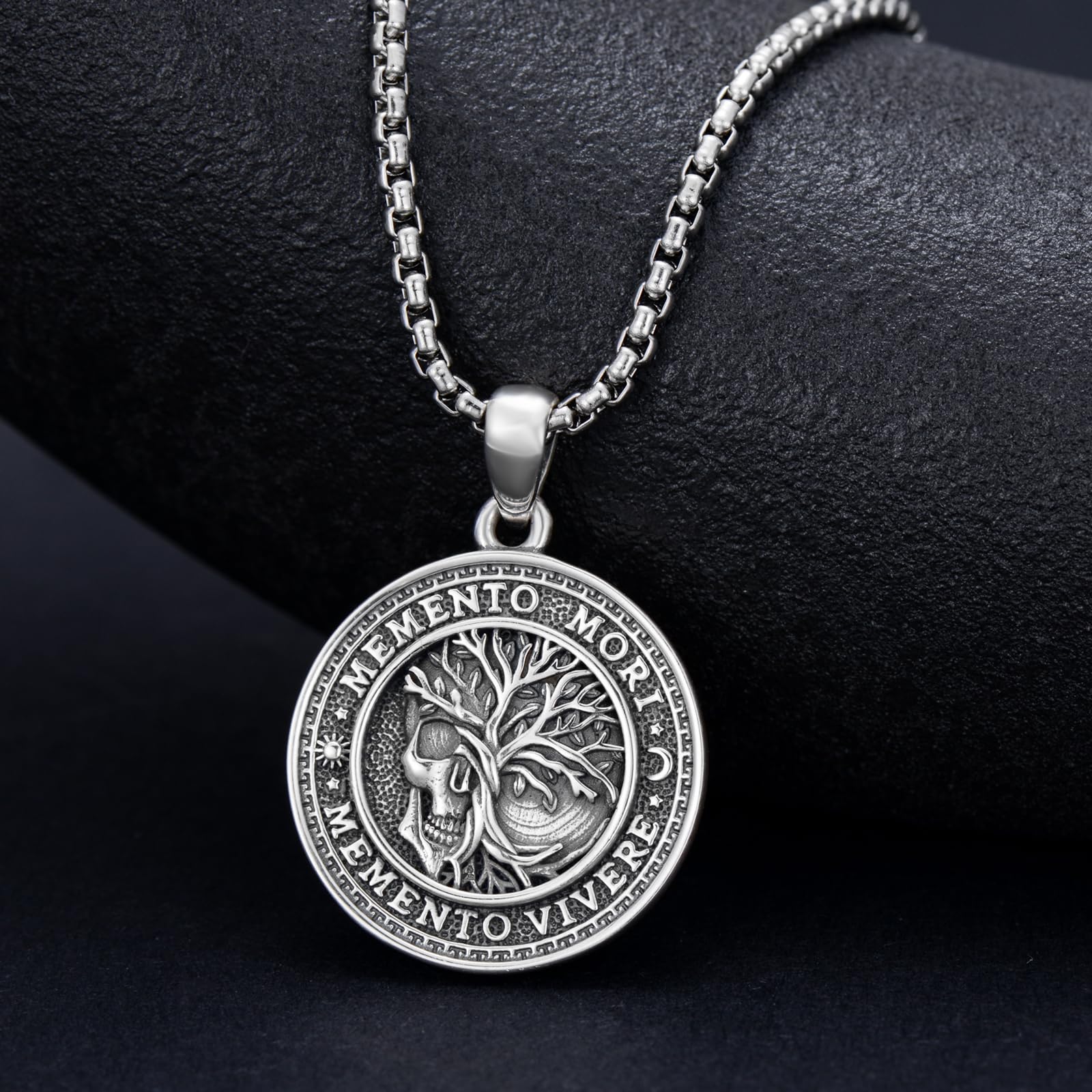 Memento Mori Halskette für Herren 925 Sterlingsilber Memento Mori Anhänger Lebensbaum Totenkopf Amulett Schmuck Geschenke 55,9 cm + 5,1 cm Edelstahl Kette