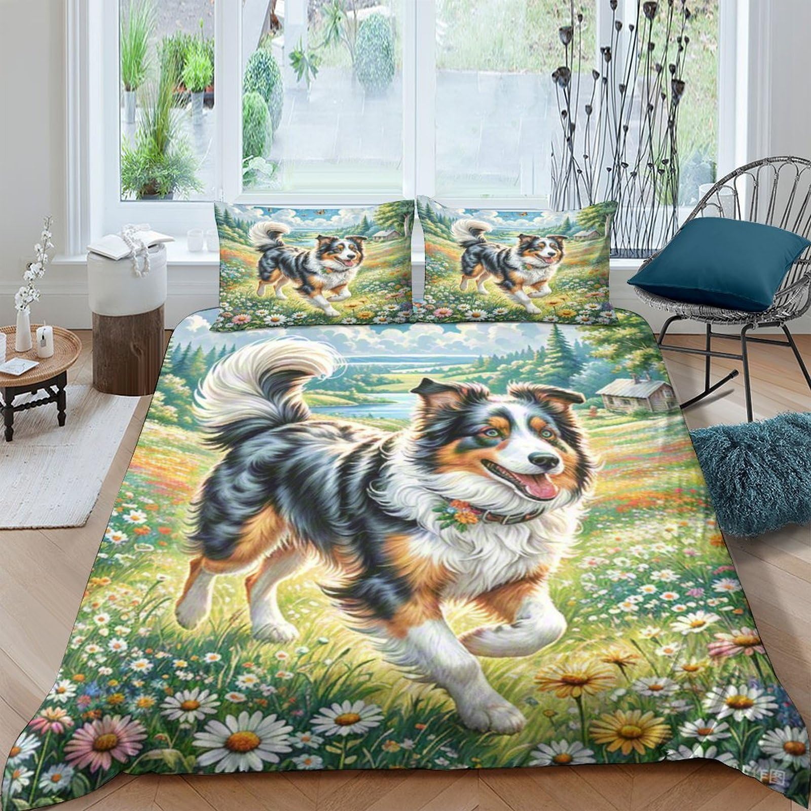 Housse de couette Collie frontière fermeture éclair cachée pour lit enfants