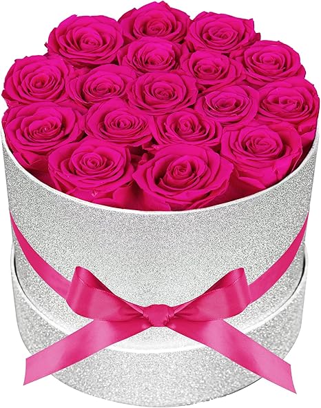 17 Hot Pink Flowers in Glitter Box, Birthday Gifts for Women, Preserved Flowers, Mothers Day Roses Gift for Mom