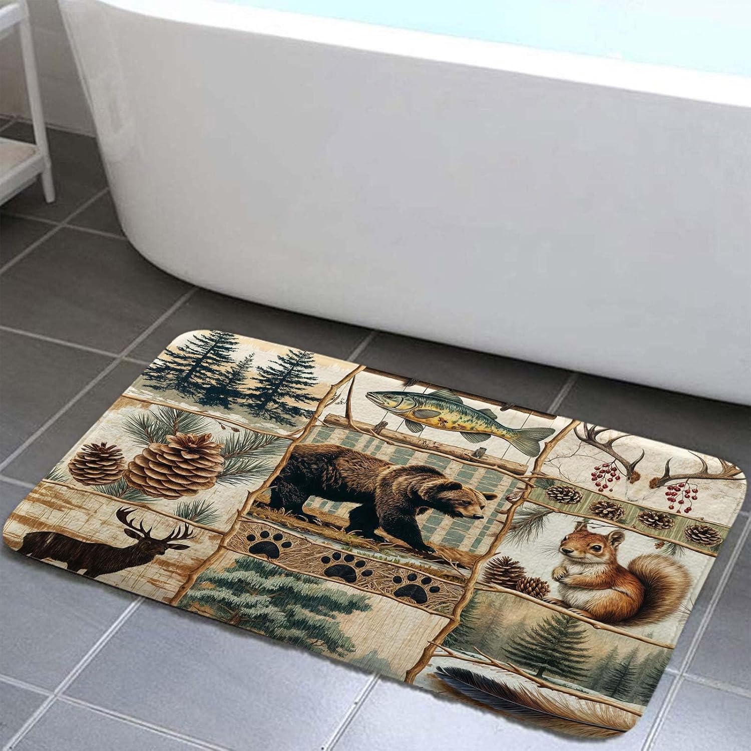 Rustic Moose Bear Bath Mat - Cabin Lodge Rug Farmhouse Country Forest Animal Deer Wildlife Hunting Camping Bathroom Rug Retro Lodge Decor Mat Floor Mat Home Decor for Kitchen Bedroom 19X31in