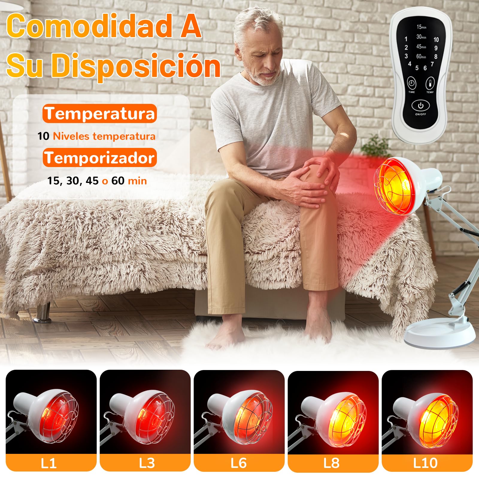 Lampara Infrarrojos 150W, TERVON Lampara Calor Infrarrojo, 10 Niveles de Temperatura Ajustables con Temporizador, Luz Infrarrojos Lampara, Lámpara de Infrarrojos para Aliviar El Dolor