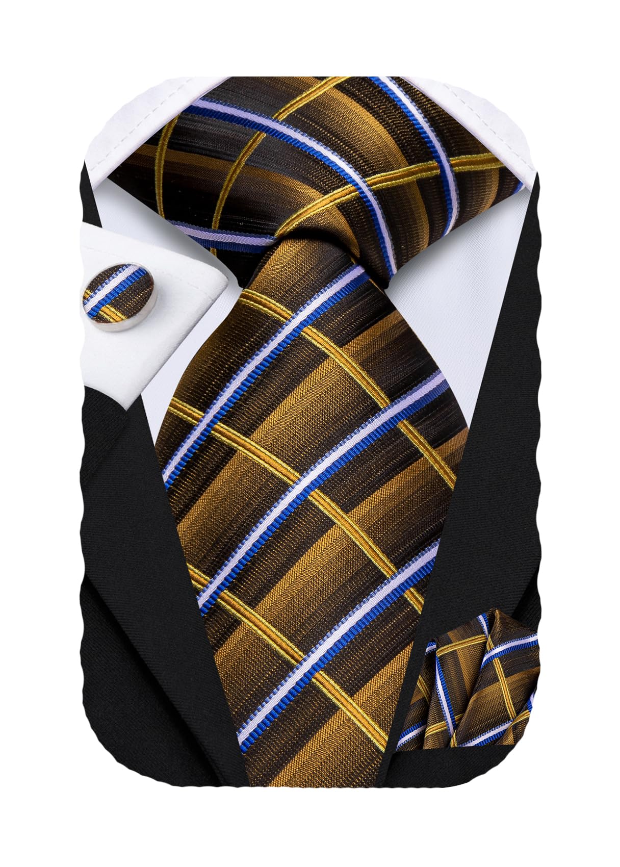Hi-Tie Brown Blue Plaid Silk 70 Inch Extra Long Ties for Men