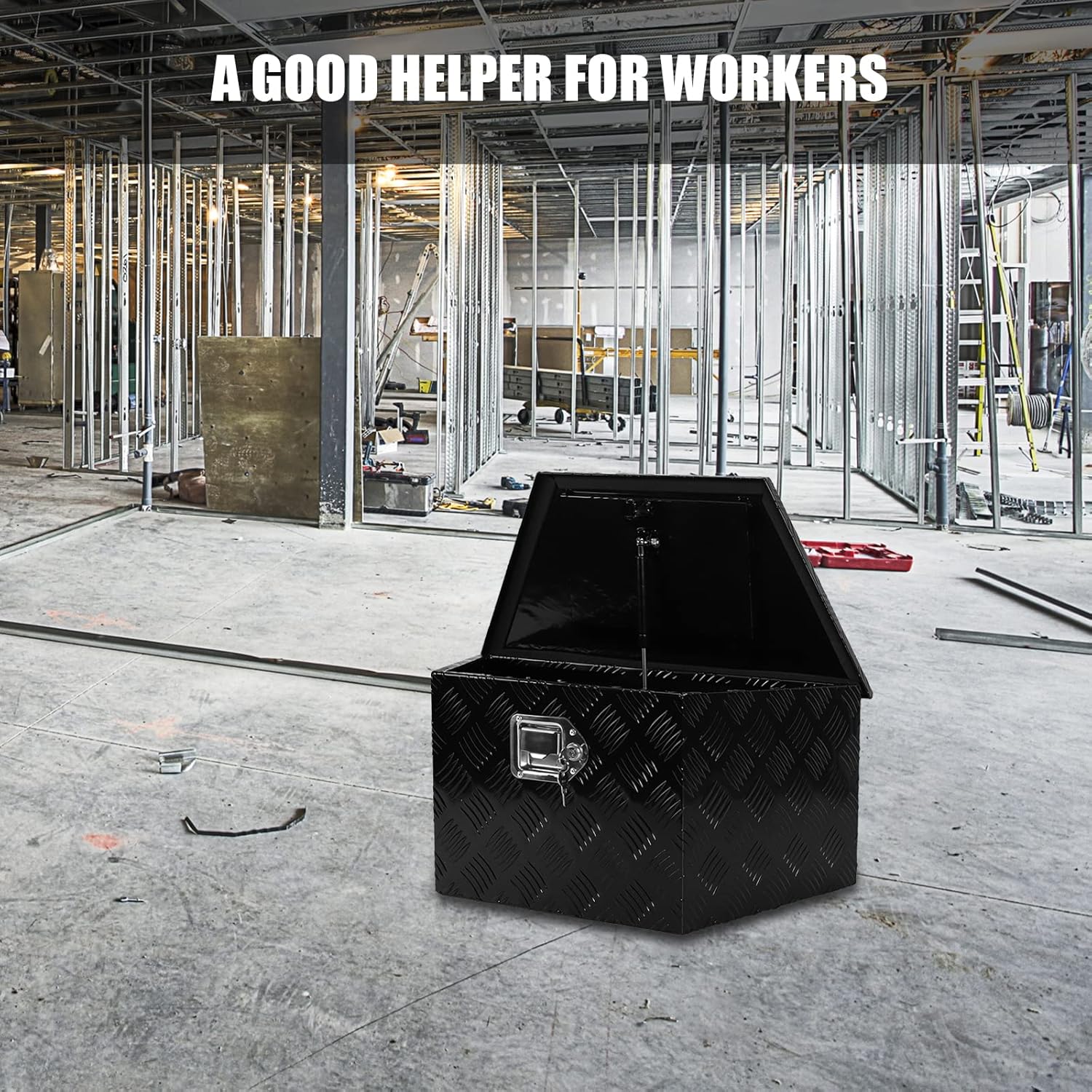 confote 26 Inch Heavy Duty Aluminum Stripes Plated Tool Box Pick Up Truck Bed RV Trailer Tongue Toolbox Waterproof Storage Organizer with Lock and Keys - 26 X 11.8 X 12 inch,Black