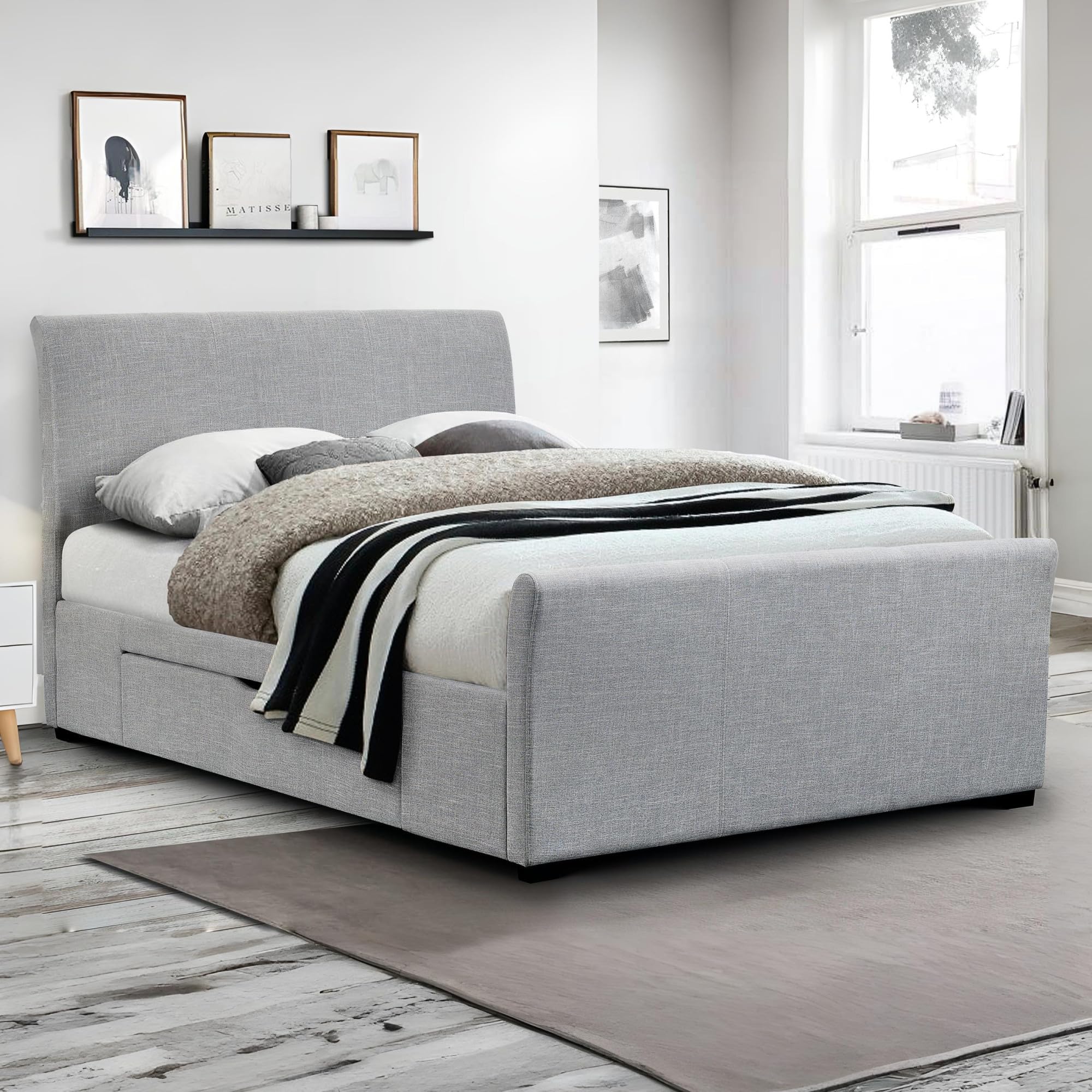 Julian Bowen Capri Double Storage Bed - Light Grey Linen Fabric - 2 Drawers