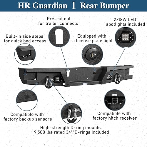 Miniatura 7 de Hooke Road Mad Max Kit de parachoques delantero (con alas) y parachoques trasero para camioneta Jeep Gladiator JT 2020 2021 2022 2023 2024 2025