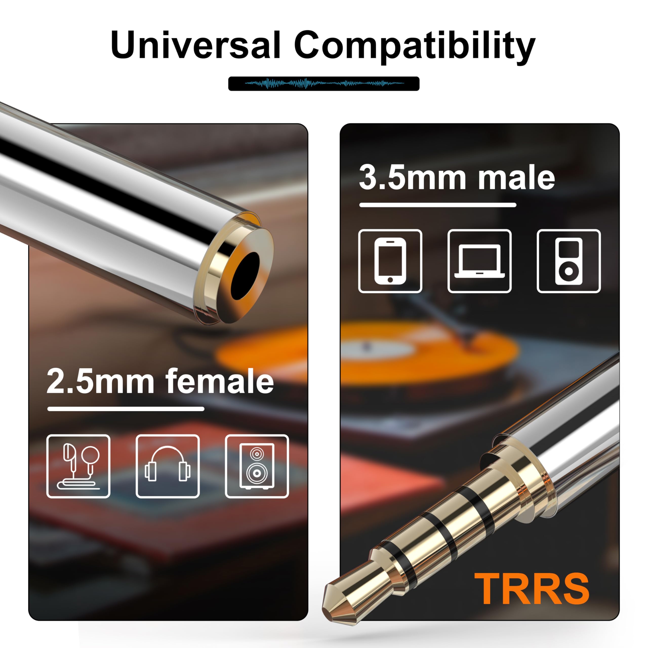 2.5mm Female to 3.5mm Male Adapter, 2 Pack Gold Plated Jack Stereo Full Metal Connector Converter for Smartphones, Headphone, Mic