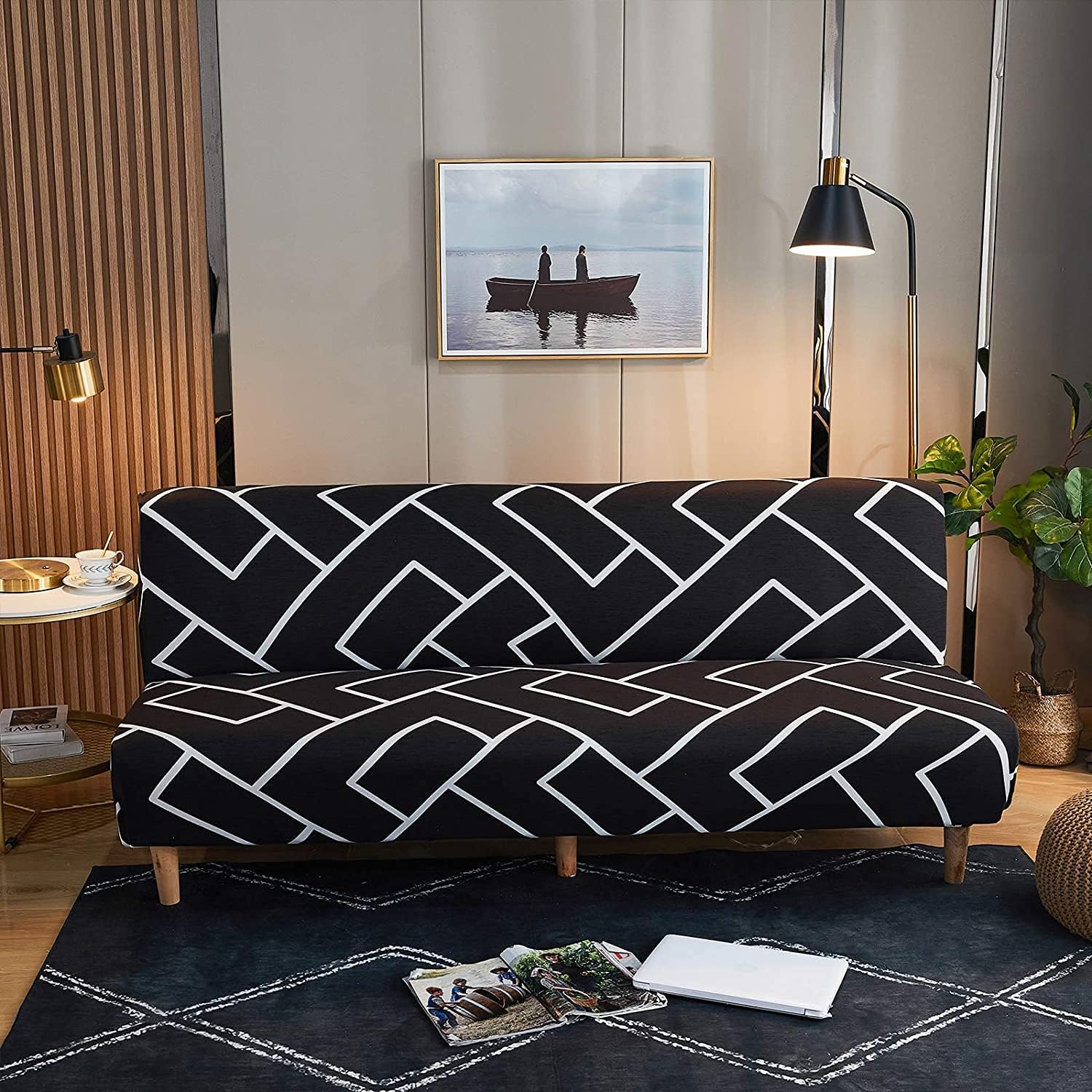 LiveGo Armless Futon Slipcovers Stretch Folding Sofa Bed Cover with Elastic Bottom, Printed Fitted Couch Cover Furniture Protector for Pets, Kids (Black & White)