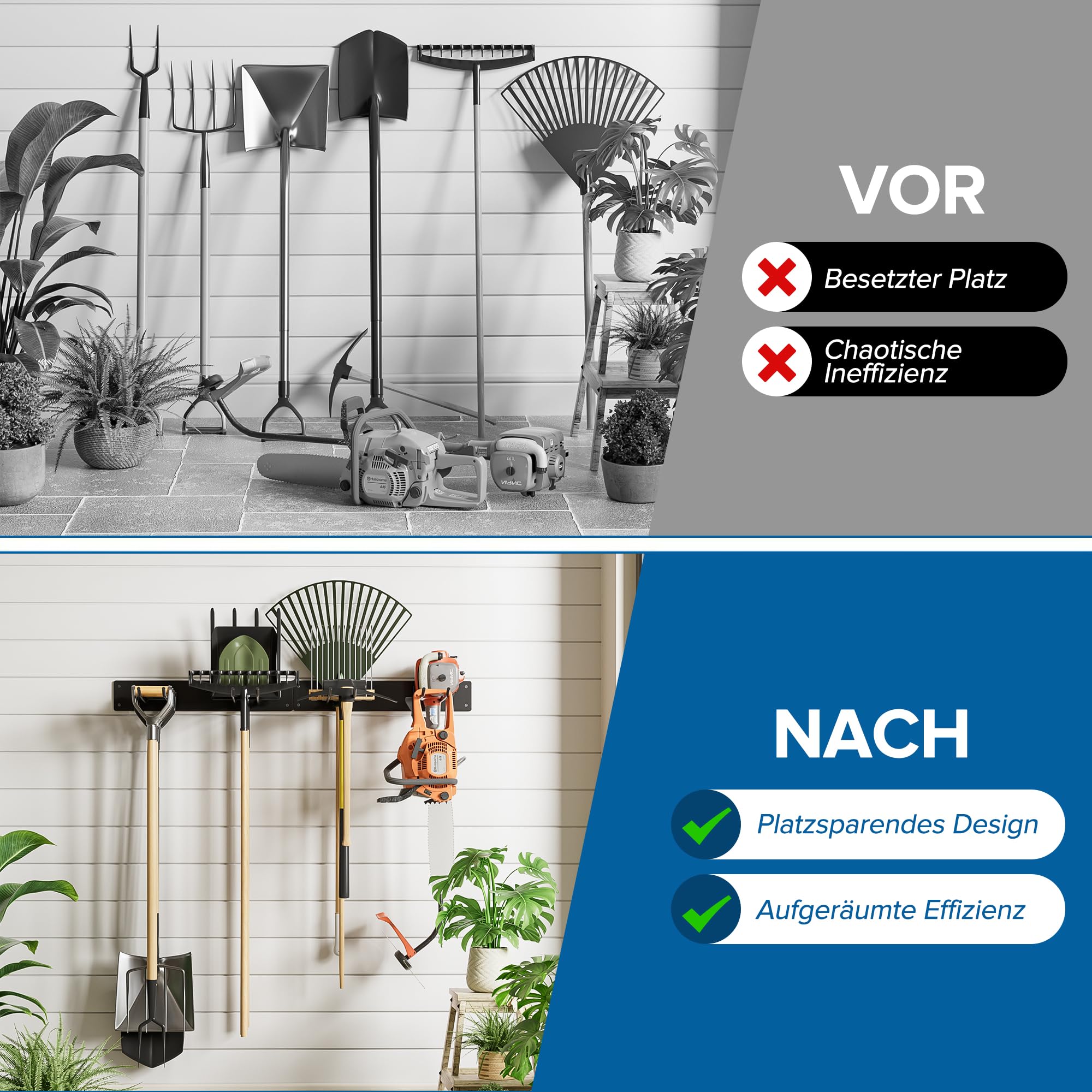 Urban Deco Metall-Gartengerätehalter, Gerätehalter Wandhalterung 150kg Tragkraft mit 4 Doppelhaken & 2 Paneele – Aufhängung für Gartenwerkzeug in Garage, Garten, Keller (Schwarz)