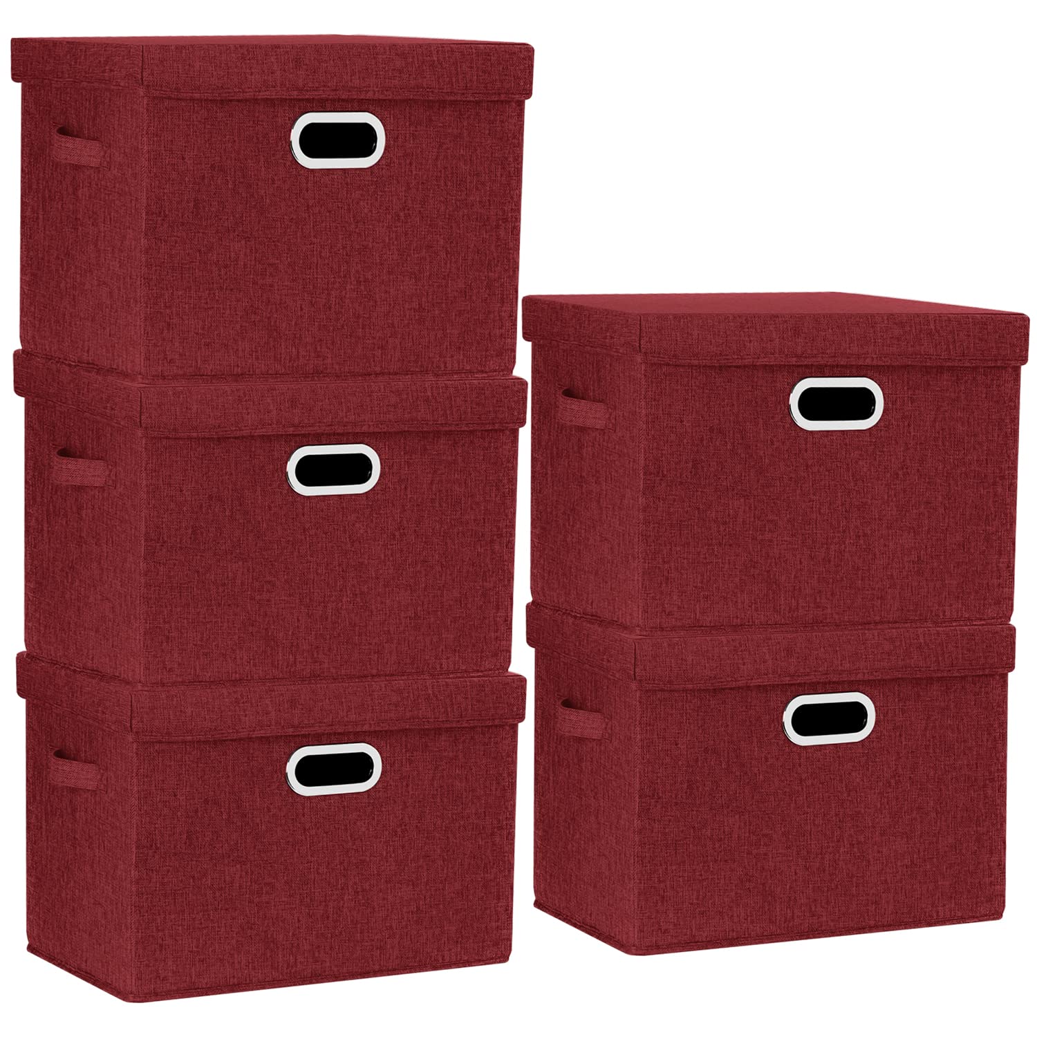 TYEERS Large Storage Box with Lid, Collapsible, Washable, Fabric Storage Box for Clothes, Wardrobe Storage, 44x30x29 cm, Set of 5, Red Wine