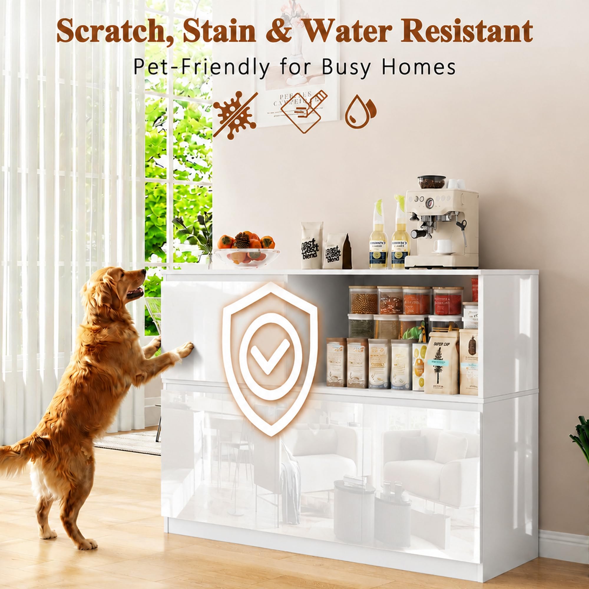Küchenschrank mit Arbeitsplatte, Vielseitiger Großer Stauraum Sideboard, Buffetschrank, Aufbewahrungsschrank mit Hochglanztüren, verstellbarem Fach für Küche, Esszimmer und Wohnzimmer