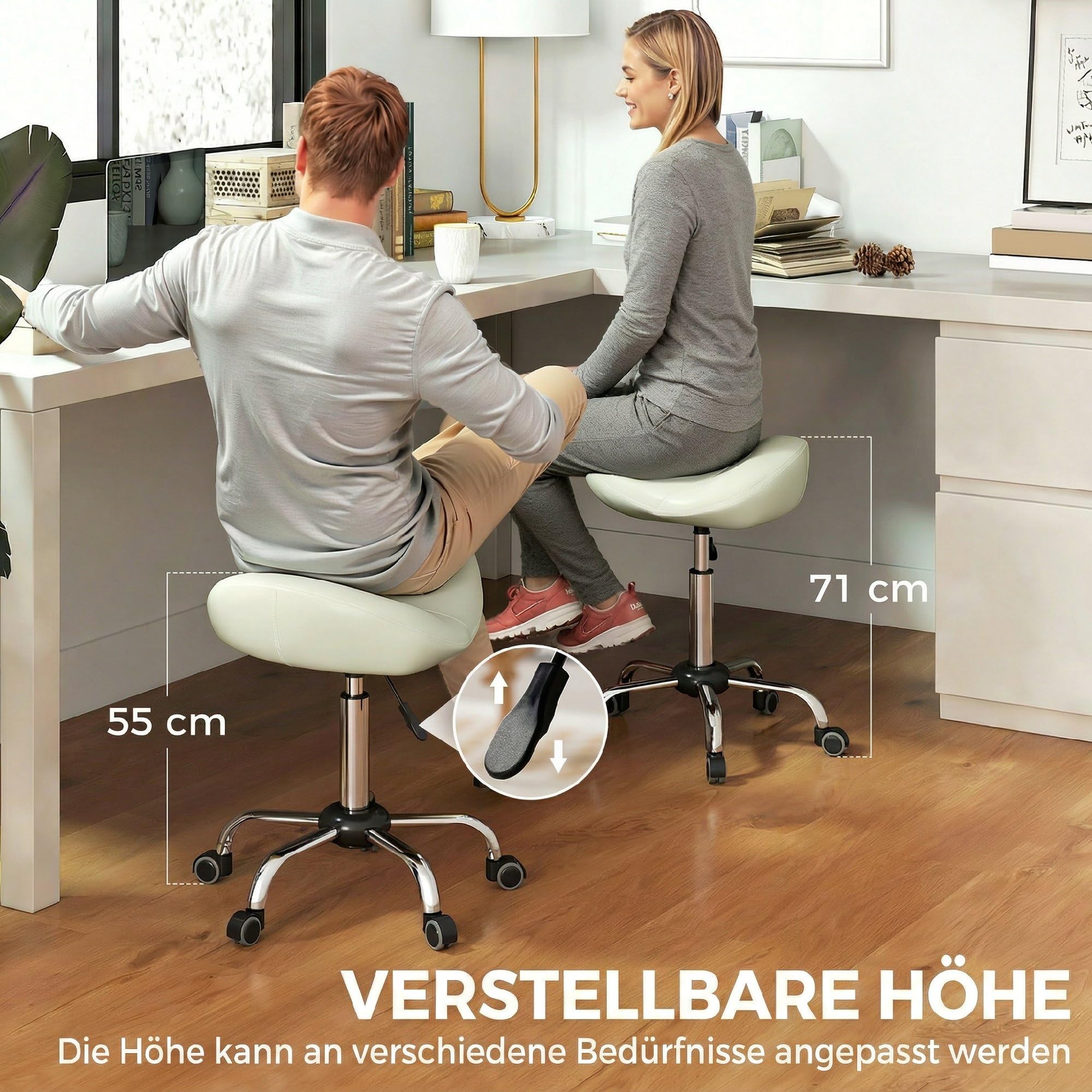 HOMCOM Rollhocker Höhenverstellbar 55-71 cm Sattelhocker Cremeweiß