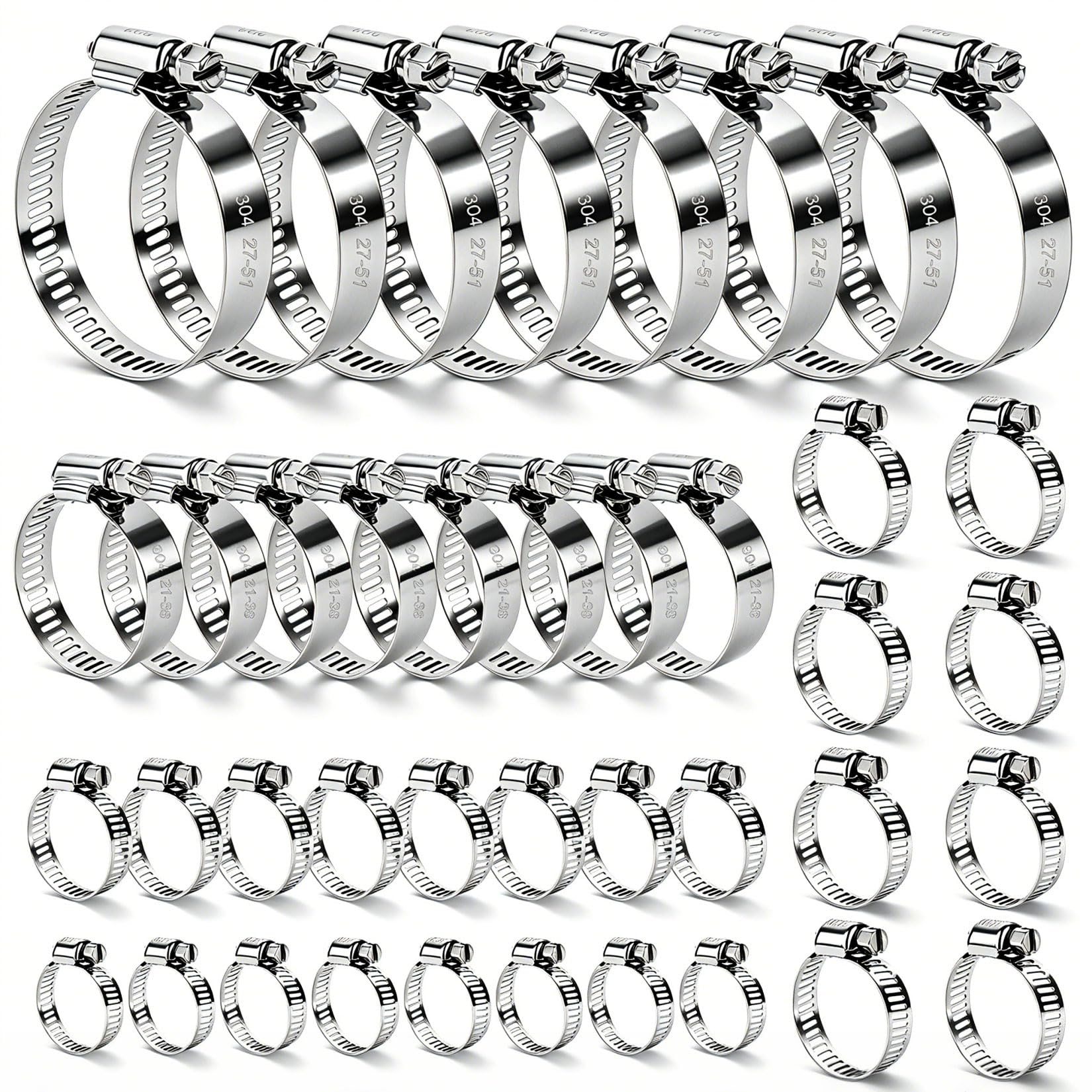 40 x 304SS Adjustable Hose Clips 6-51mm Assorted for Pipes