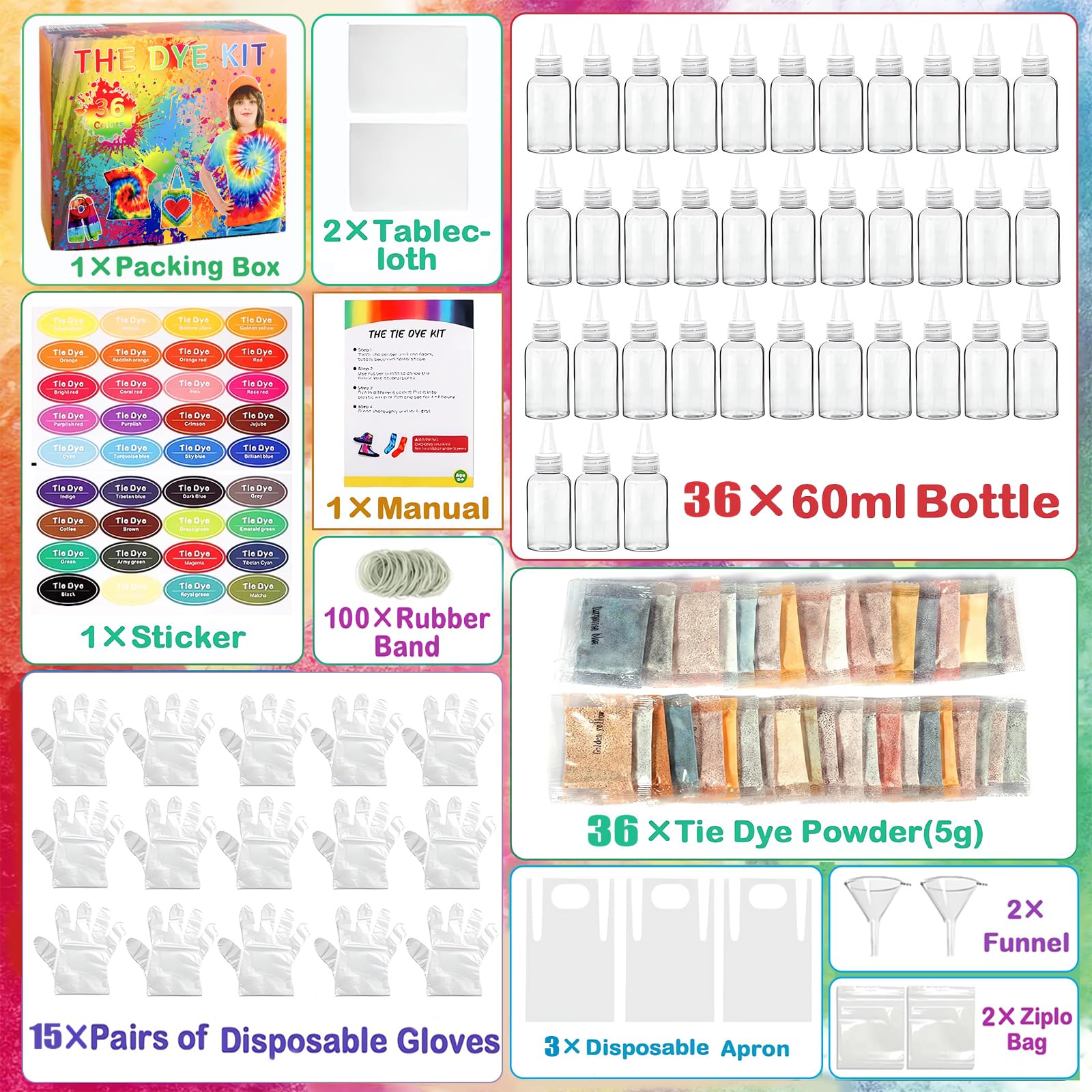36 Farben Batikfarben Set für Kinder, Tie Dye Kit kreative Bastelspiele, Tie Dye Kit für Kleidung, Spiele und Aktivitäten, DIY Alles-in-Einem Batik-Set für Kinder und Erwachsene
