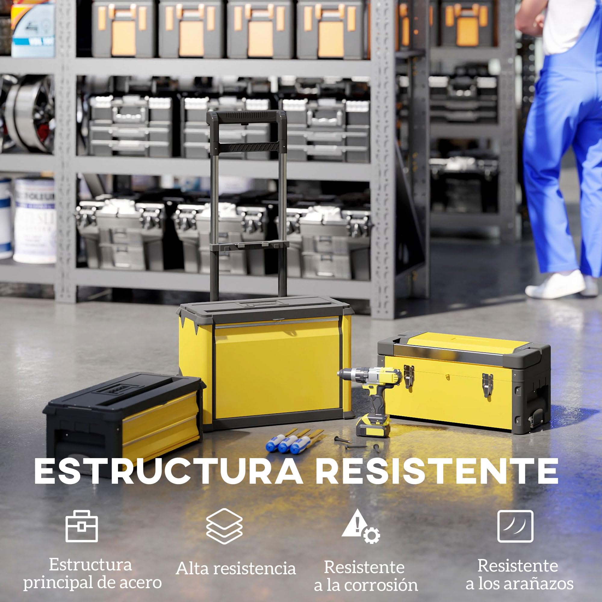 HOMCOM Tallar Móvil Apilable 3 en 1 Caja de Herramientas con Ruedas Carro de Herramientas de Acero con Bandeja Mango Telescópico Amarillo y Negro