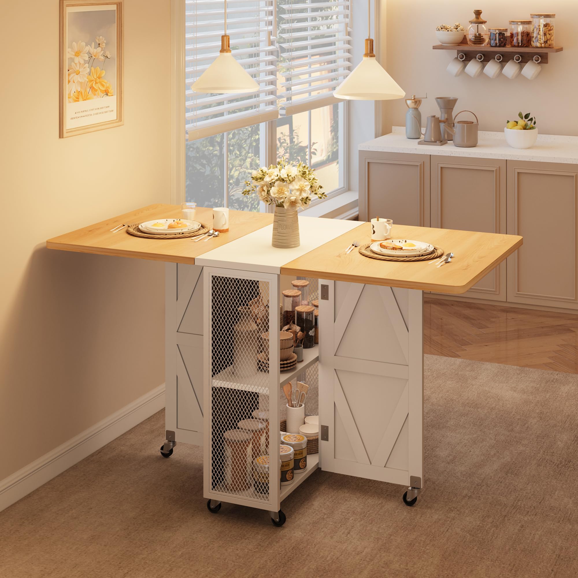 Jocoevol Esstisch Klappbar Küchentisch für 2-4 Personen, Klapptisch mit Trennwand und zweilagigem offenem Regal, Ausziehbar mit Rollen für Küche & Esszimmer, 120x60x76 cm, Ahorn + Weiß