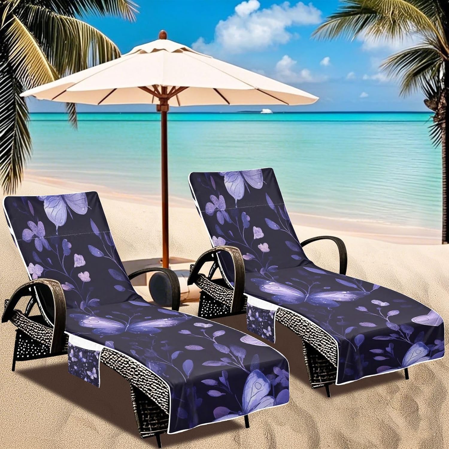 Patio Lounge Chair Covers Soft Absorbent Chaise Beach Spa Towel with Windproof Straps for Outdoor