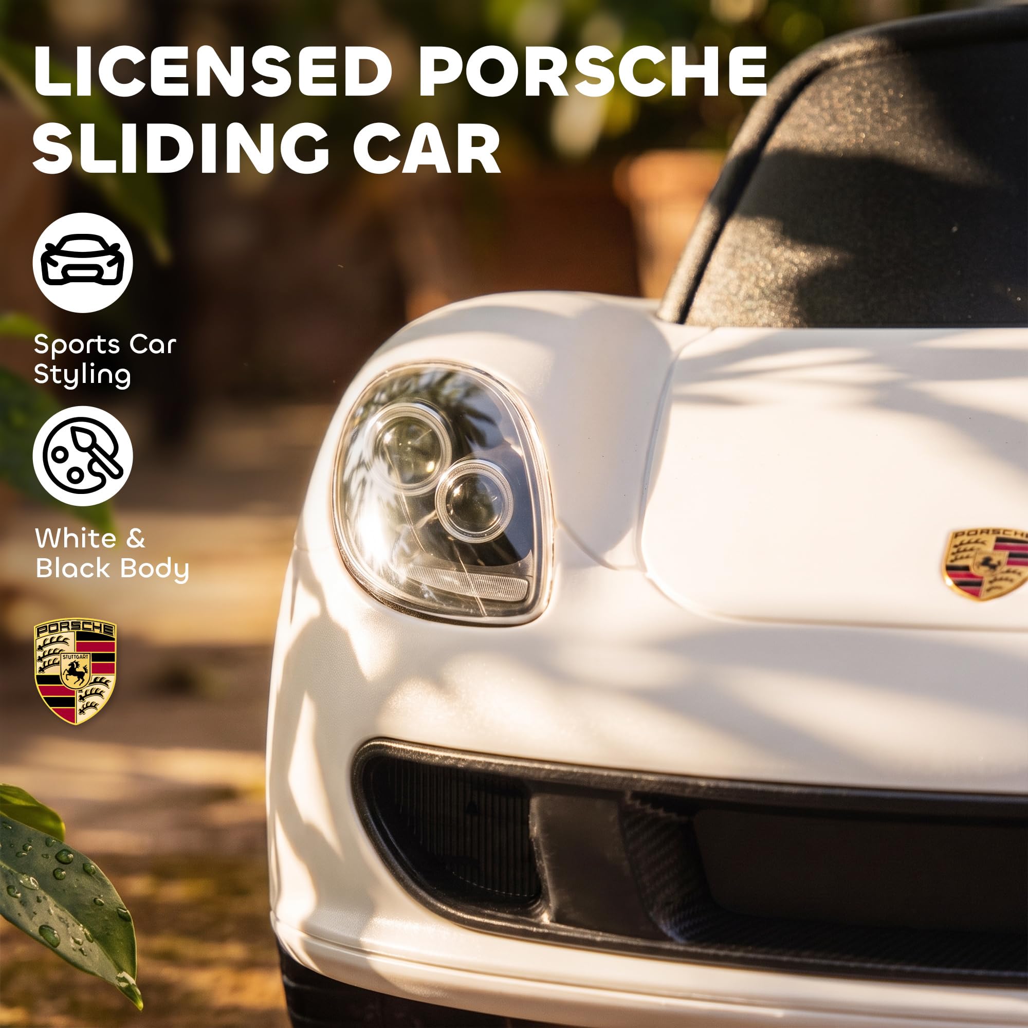 AIYAPLAY jeździk Porsche dla dzieci z klaksonem, światłami i dźwiękiem rozruchu, 18–36 miesięcy, biały