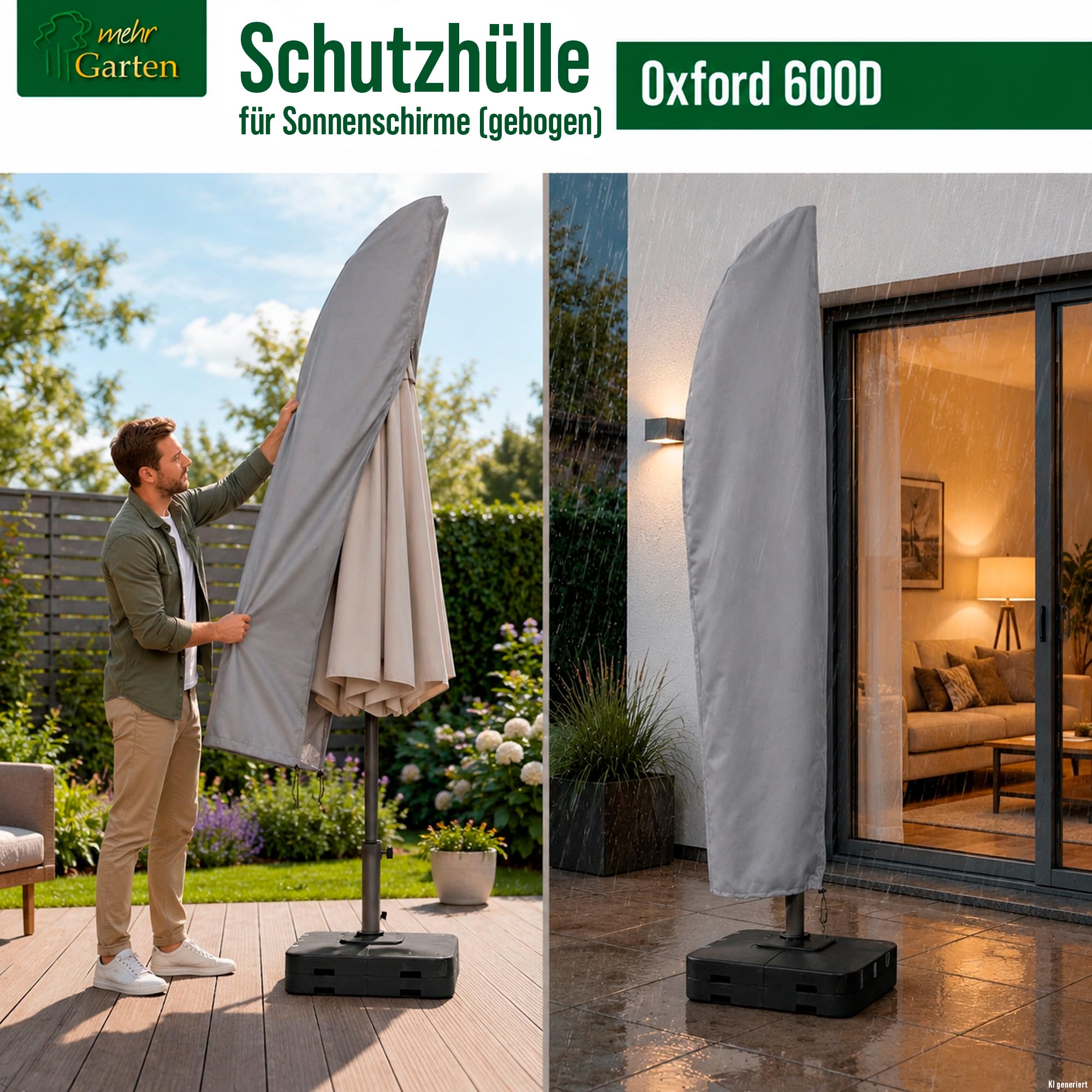 Sonnenschirm Schutzhülle für gebogene Ampelschirme, 265x40/70/50 cm, grau, Oxford 600D Gewebe, Sonnenschirm Abdeckung wasserdicht, UV-beständig und wetterfest