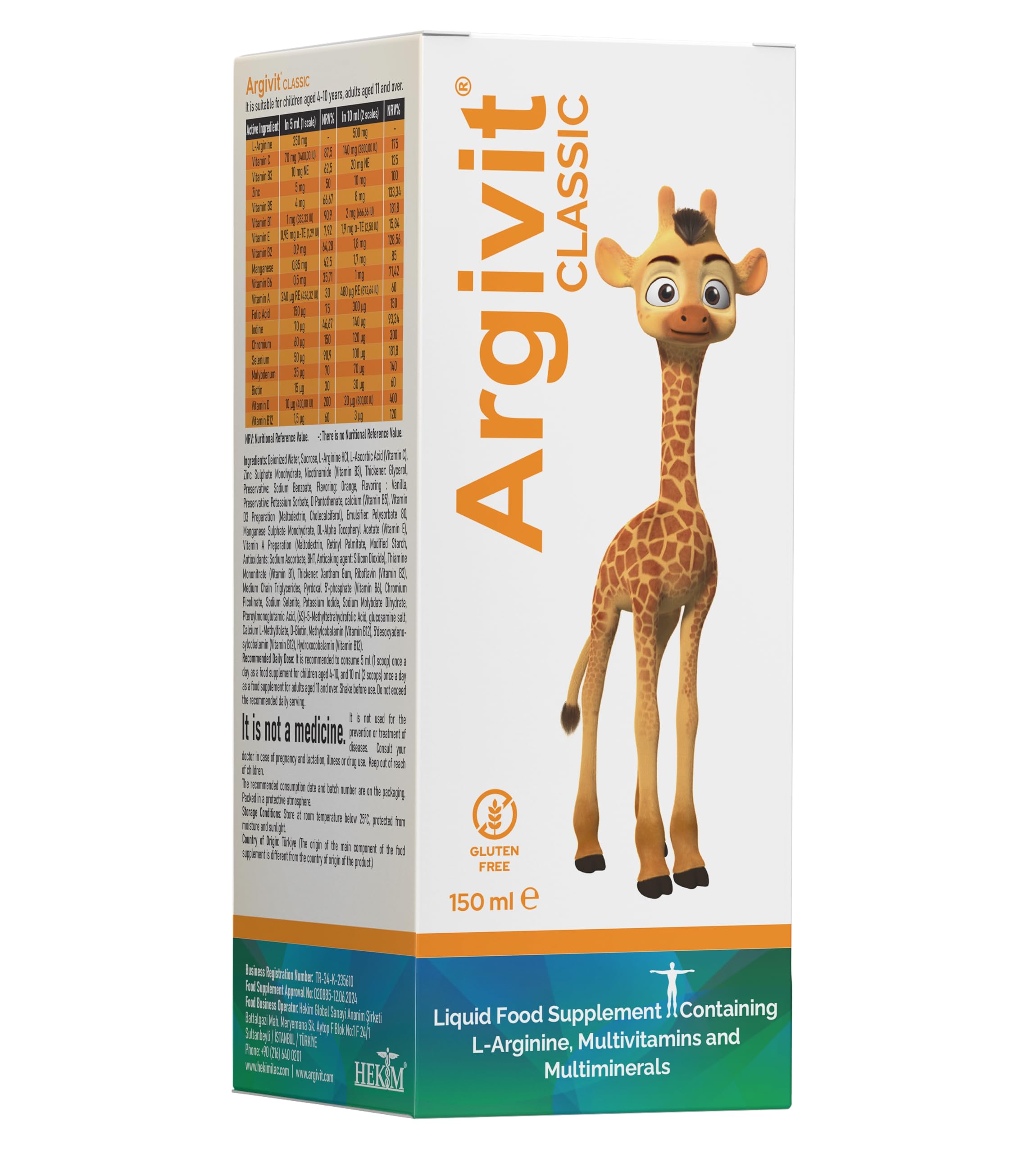 Argivit Classic LArjinin, Multivitamin ve Multimineral İçeren Sıvı 150 ml Portakal ve Vanilya Aromalı