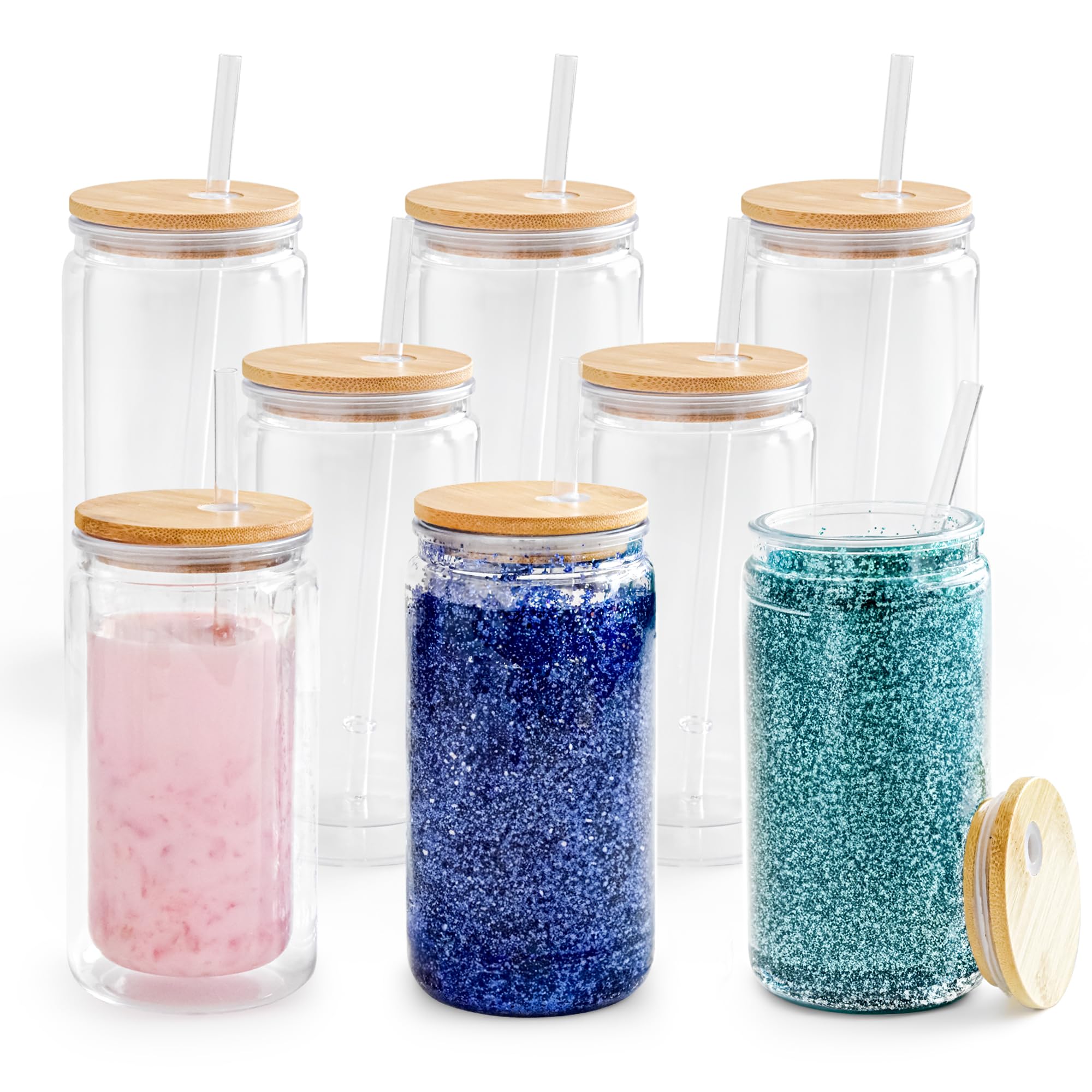 Lot de 8 boules à neige en acrylique avec couvercles en bambou et pailles, 473 ml, avec trou pré-percé, transparent à double paroi, pour boule à neige à paillettes