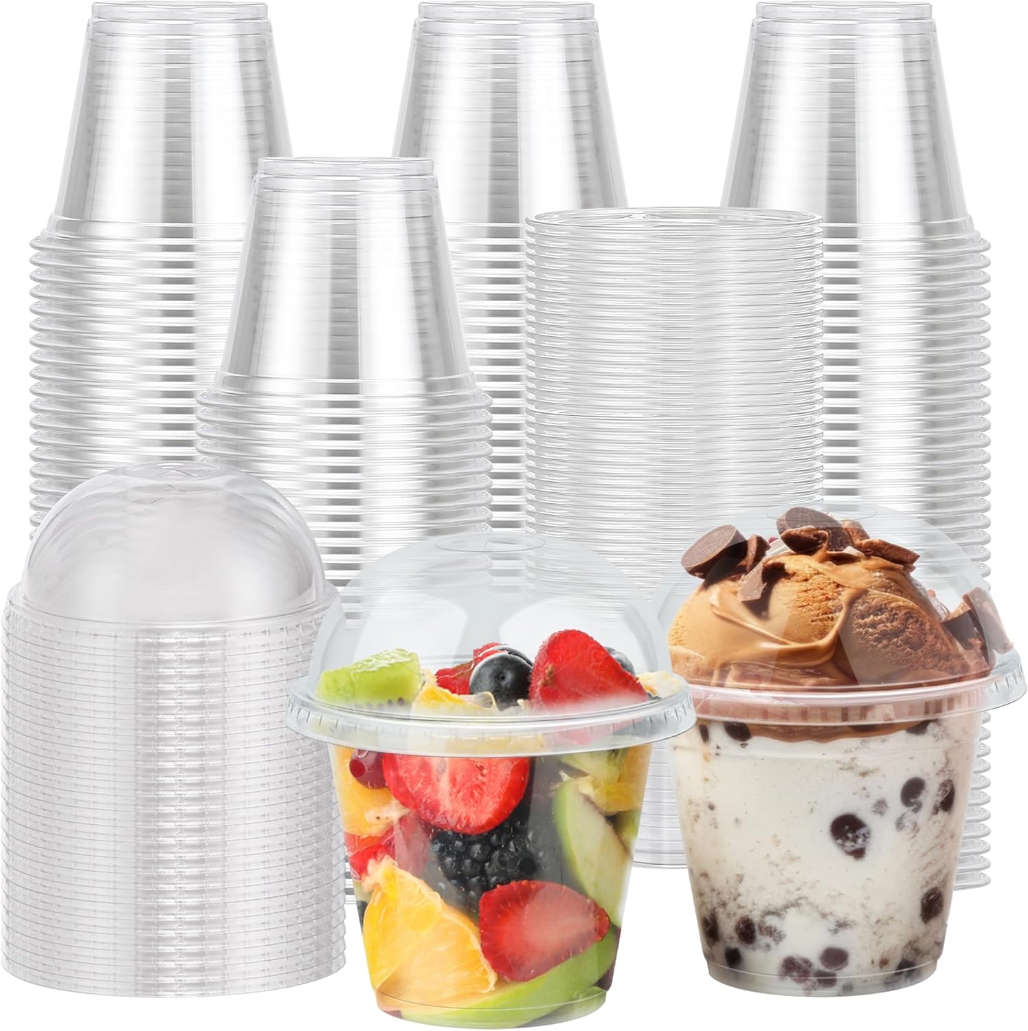 Lamosi 300 Pack 9 oz Clear Plastic Cups with Lids, Disposable Cups with Dome Lids No Hole, Ideal for Ice Cream, Cold Drinks, Fruit, Dessert, Yogurt Parfait