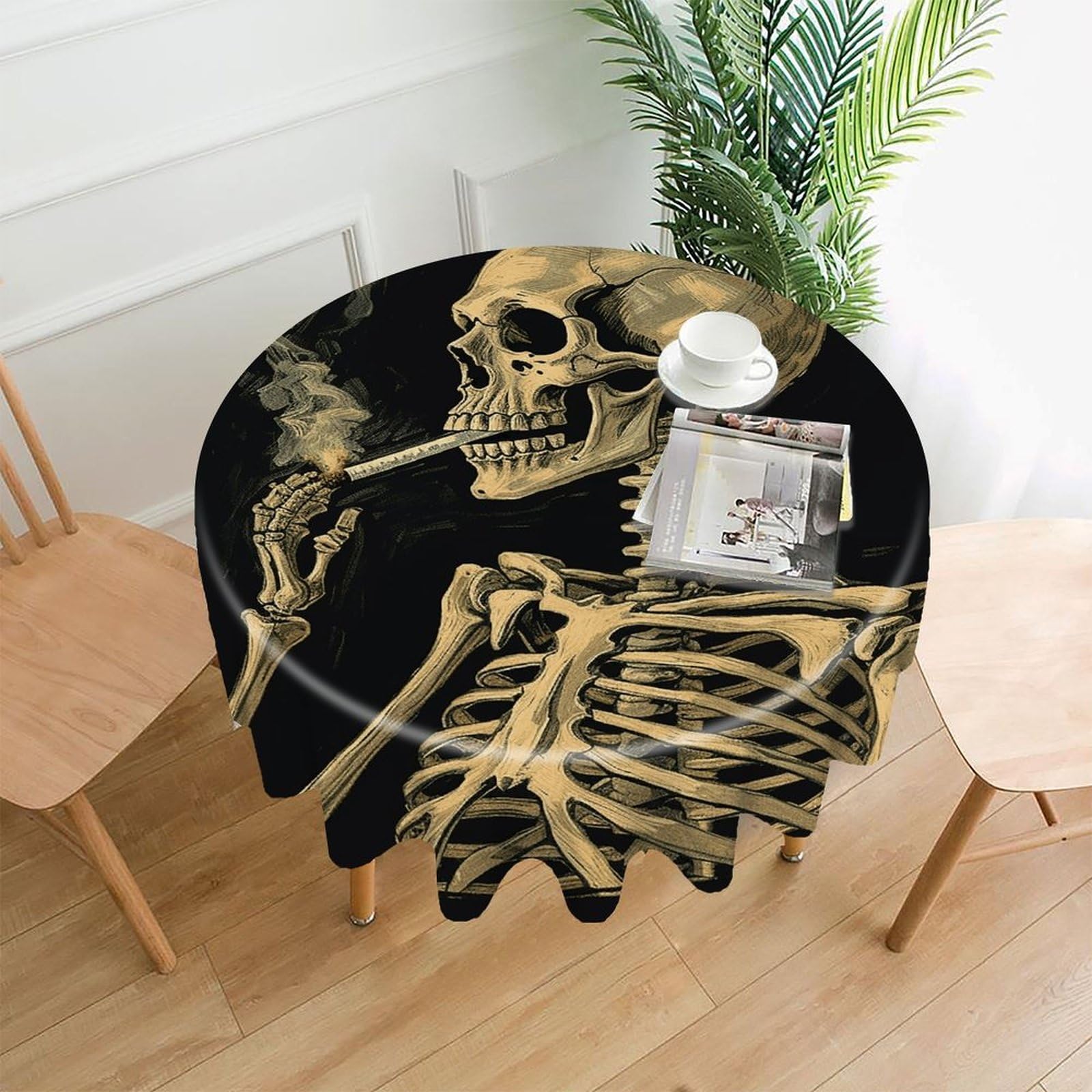 FekiLoot - Skeleton Burnt Cigarette Round Tablecloth 60 Inch Wrinkle Free Washable Polyester Fabric Tablecloth Decorative Round Table Cover for Home Dining Kitchen Party Farmhouse