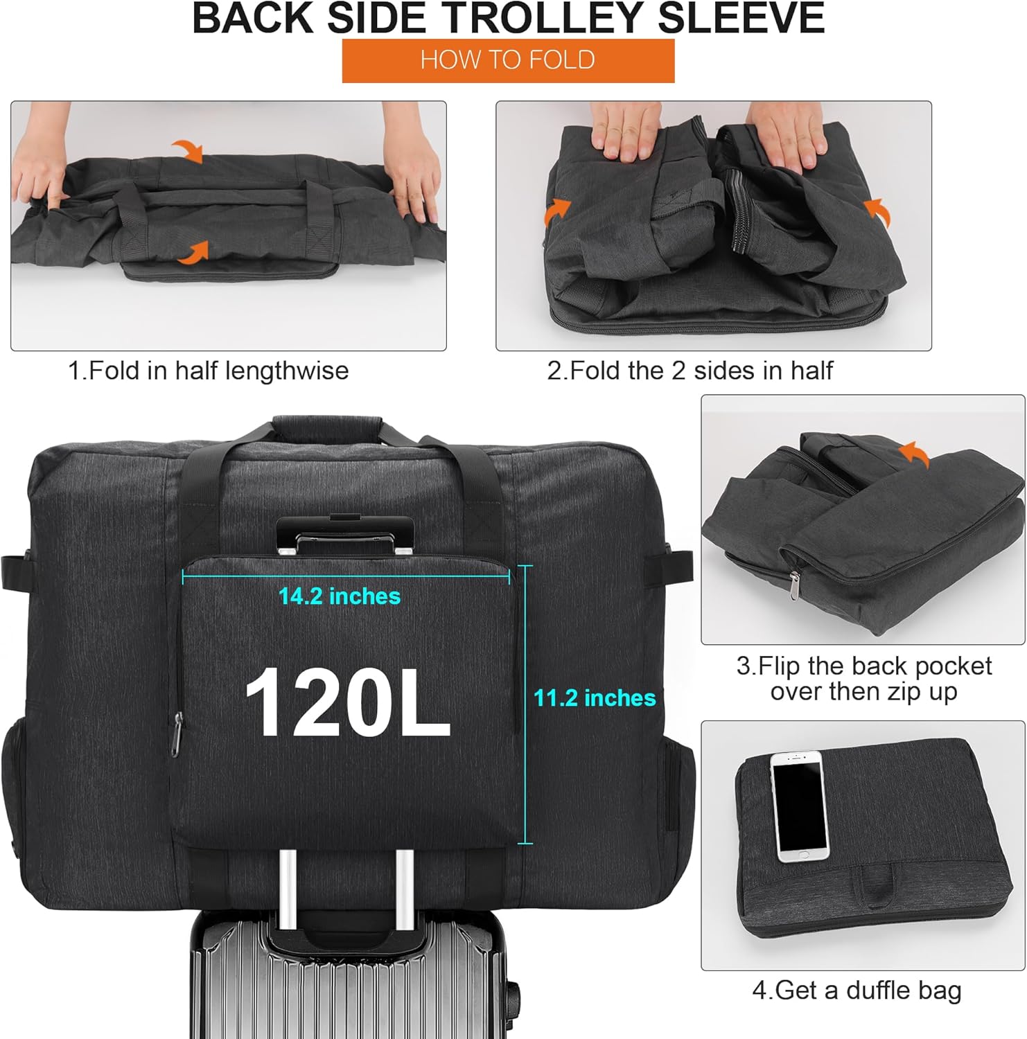 Large Travel Duffle Bag for Men Women, 80L 100L 120L Foldable Waterproof Duffle Bag, Packable Bag with Shoes Compartment for Overnight Gym Weekender Bag (Black, 120L) - Image 5