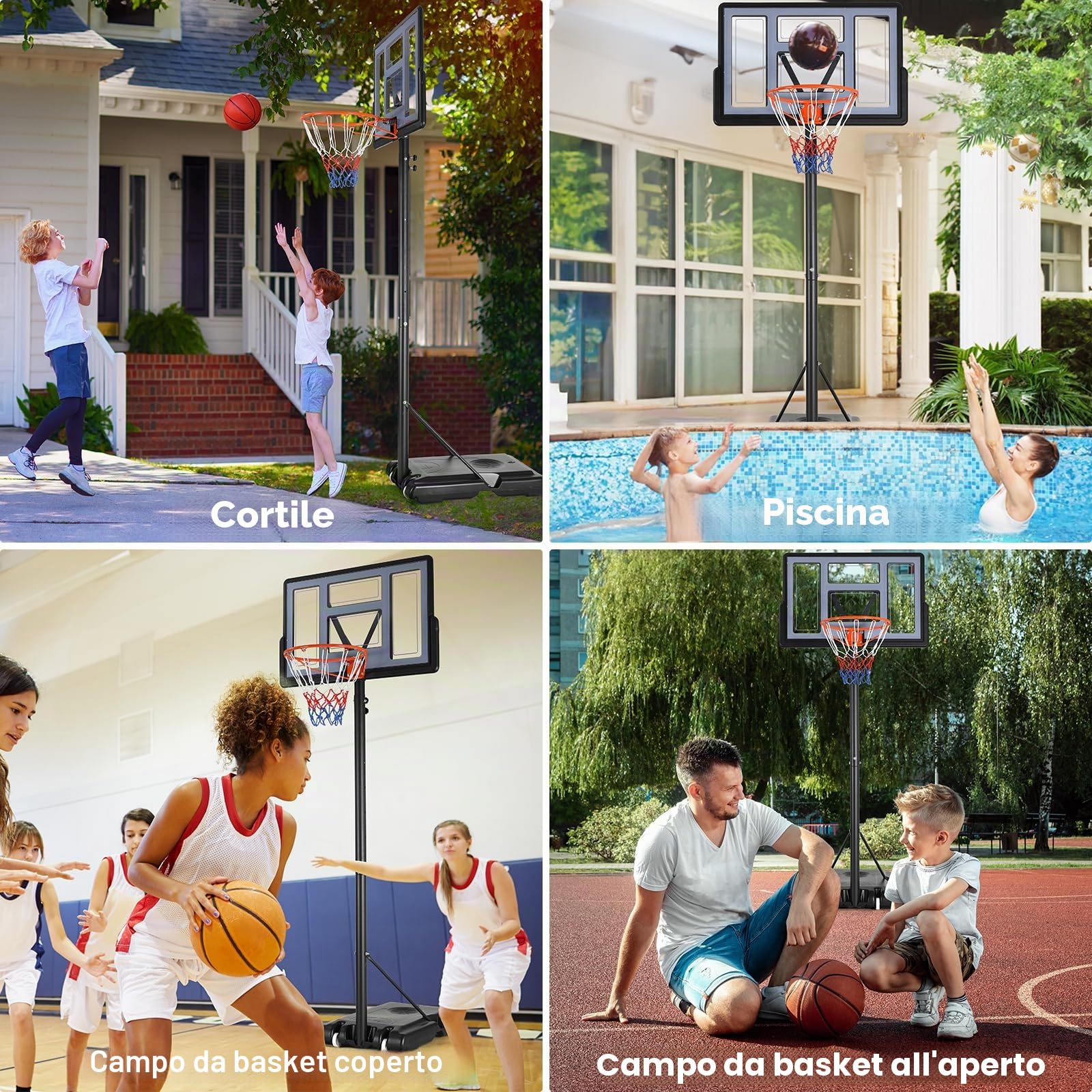 LIFERUN Canestro Basket Esterno Interno Camera Portatile regolabile da 135 a 305 cm, adatto per adulti, ragazzi, bambini, per cortile, giardino, garage, interni