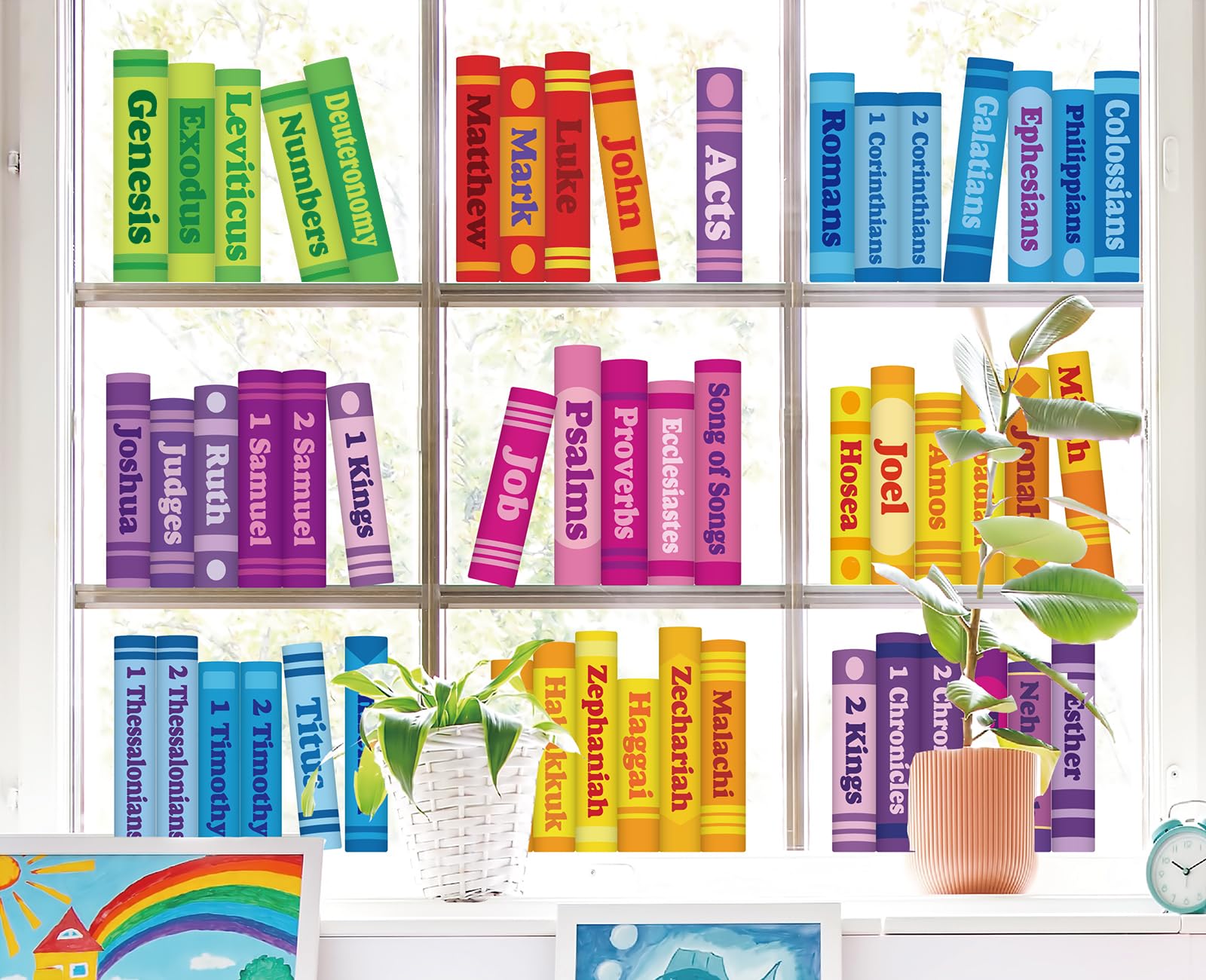 Whaline 9 Sheet Books of the Bible Window Clings Back to School Jesus Faith Book Reusable Window Decals for Classroom Church Sunday School Christian Home Decor